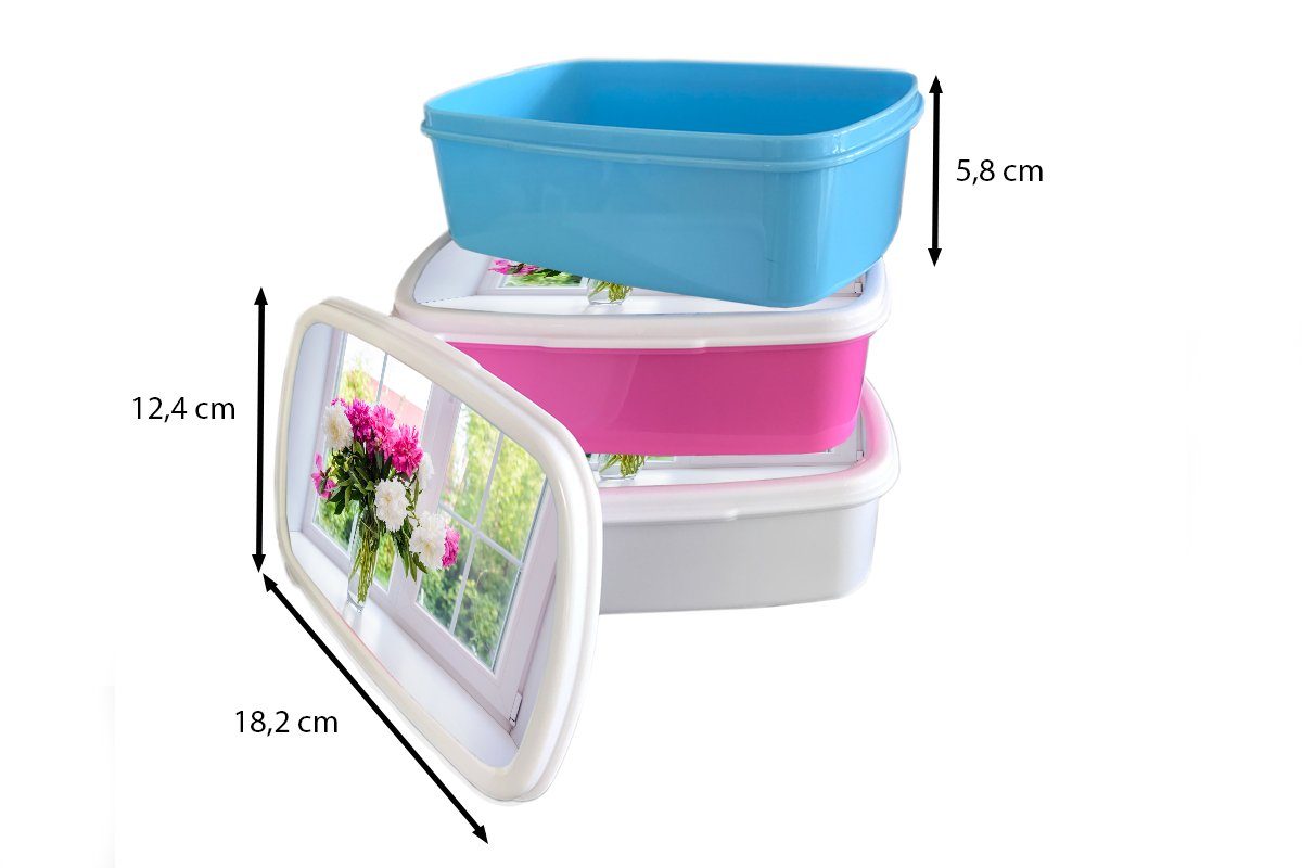 Mädchen, - MuchoWow Brotbox Blumen Kinder, Brotdose Snackbox, - Vase, Pfingstrosen Lunchbox (2-tlg), Kunststoff für rosa Erwachsene, Kunststoff,