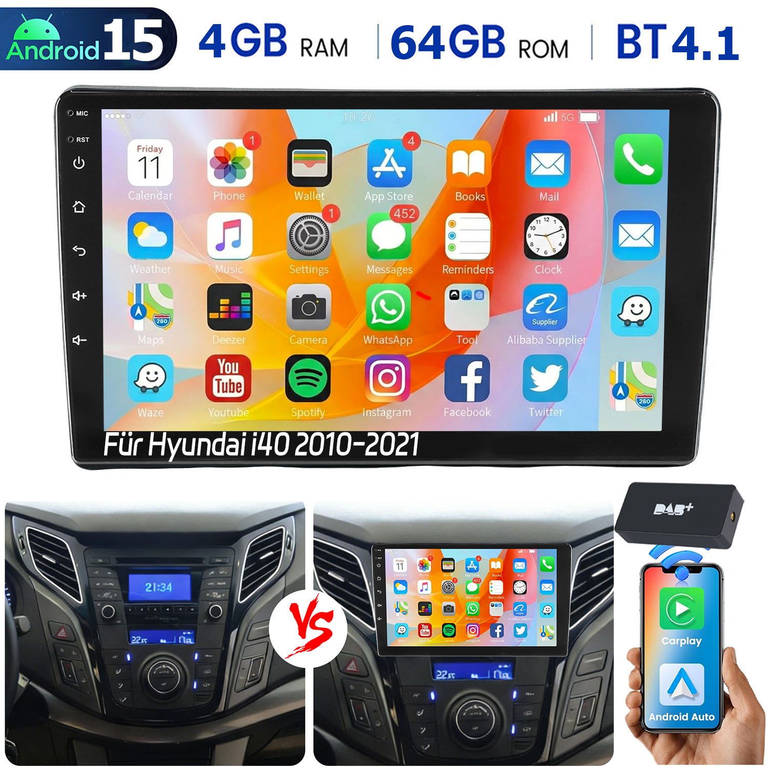DAB+ Carplay Android15 Autoradio Für Hyundai i40 2011-19 GPS NAVI WiFi Autoradio