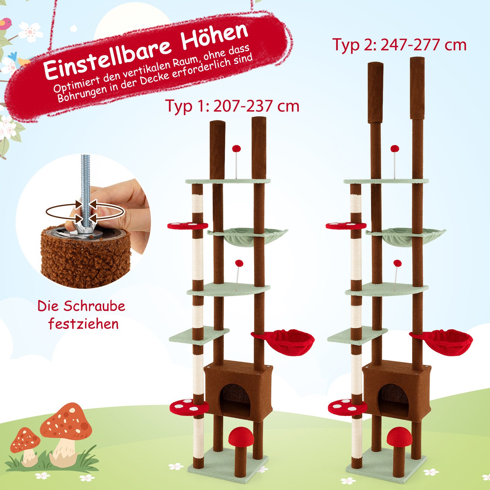 COSTWAY Kratzbaum, Katzenbaum deckenhoch, 207-237/247-277 cm hoch