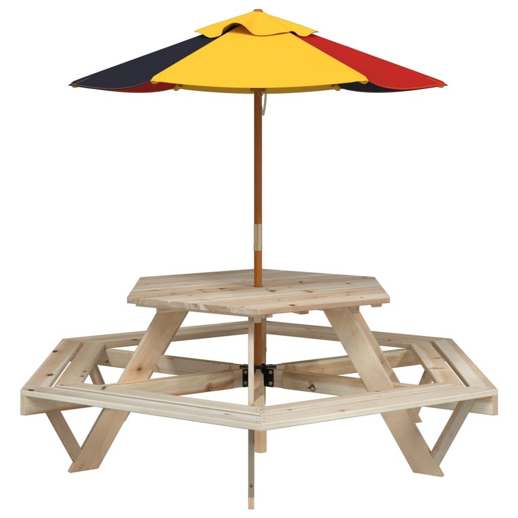 vidaXL Gartentisch Picknicktisch für 6 Kinder mit Sonnenschirm Sechseckig Tanne (1-St)