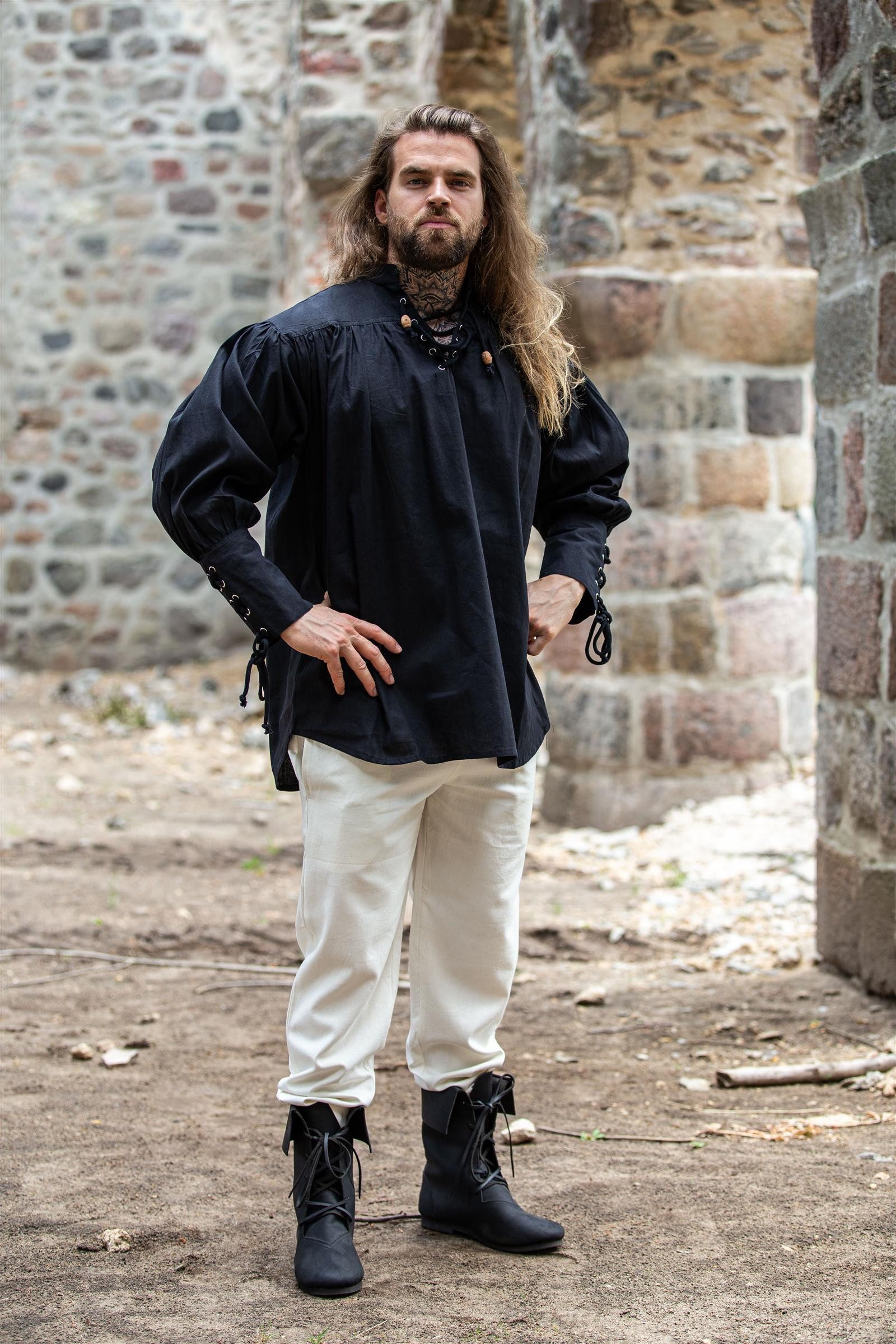 Leonardo Carbone Piraten-Kostüm Piratenhemd "Claude" mit geschnürten Manschetten, Holzknöpfe, kunstvolle Kordelschnürung
