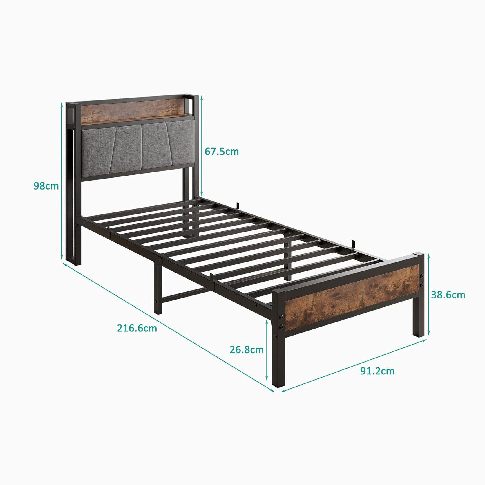 HOMERECOMMEND Metallbett mit 2 USB-Anschlüssen und LED Beleuchtung (1-tlg., Ohne Matratze), Jugendbett Bettgestell 90 x 200 cm