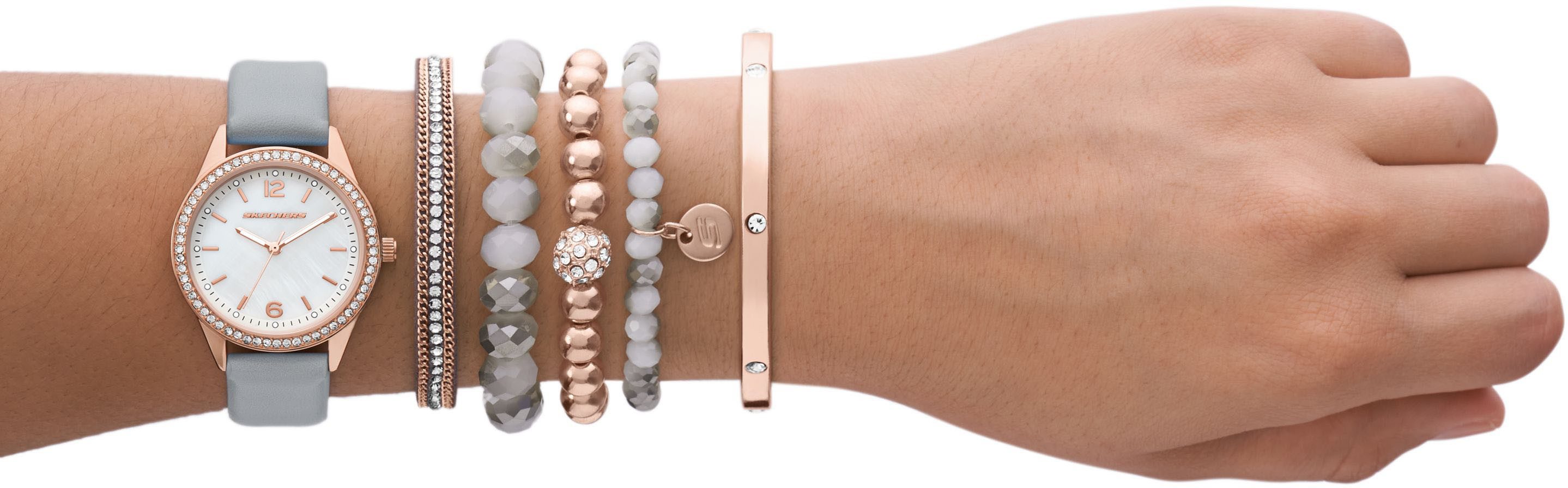 Skechers Quarzuhr SR9056, (Set, 6-tlg., mit 5 Schmuckarmbändern), Armbanduhr, Damenuhr, analog, Glassteine, Geschenkidee