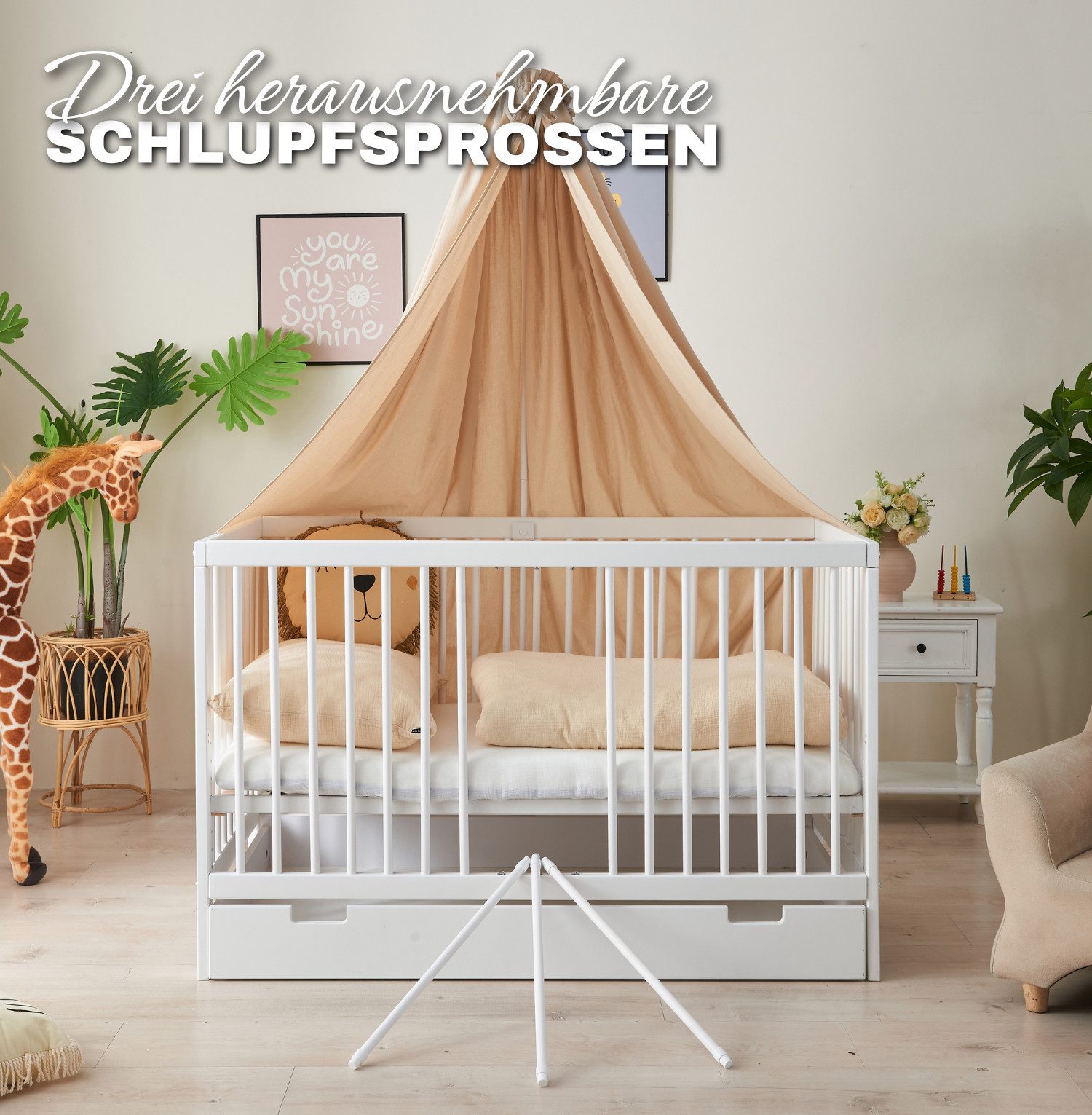 Alavya Home® Komplettbett TOBI 6-tlg.SET für Kleine Babys I 9-fach höhenverstellbarer EN 716-1, Babybett 70x140 mit Matratze, Schublade, Himmel + Himmelstange