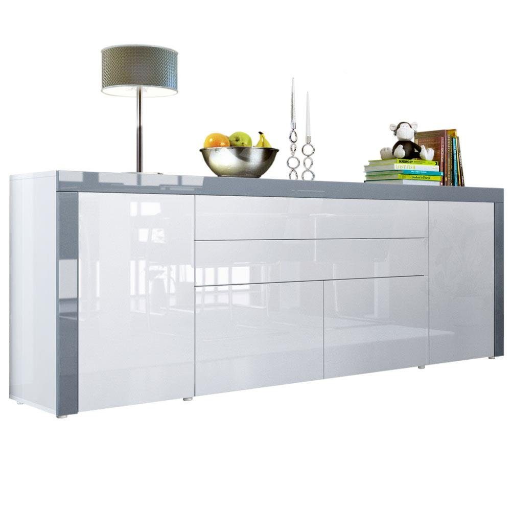 Vladon Sideboard La Paz V2 (Kommode, mit 2 Türen, 2 Schubkästen und 2 Klappen), Weiß Hochglanz/Grau Hochglanz (200 x 72 x 35 cm)