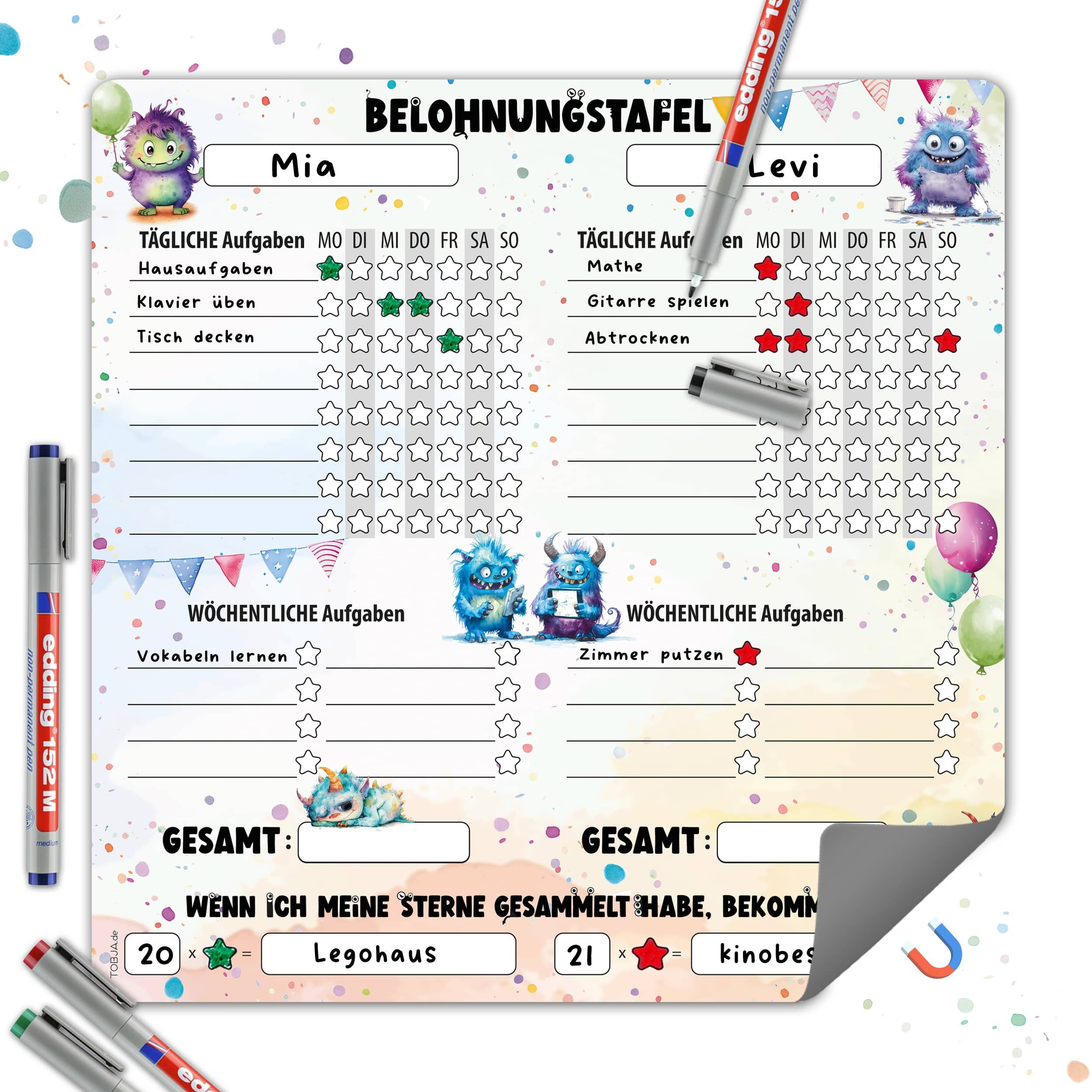 TOBJA Magnettafel Magnetische Belohnungstafel XL 2 Kinder Monster 4Stifte, Routine Planer Kinder 30x30 cm, abwischbar