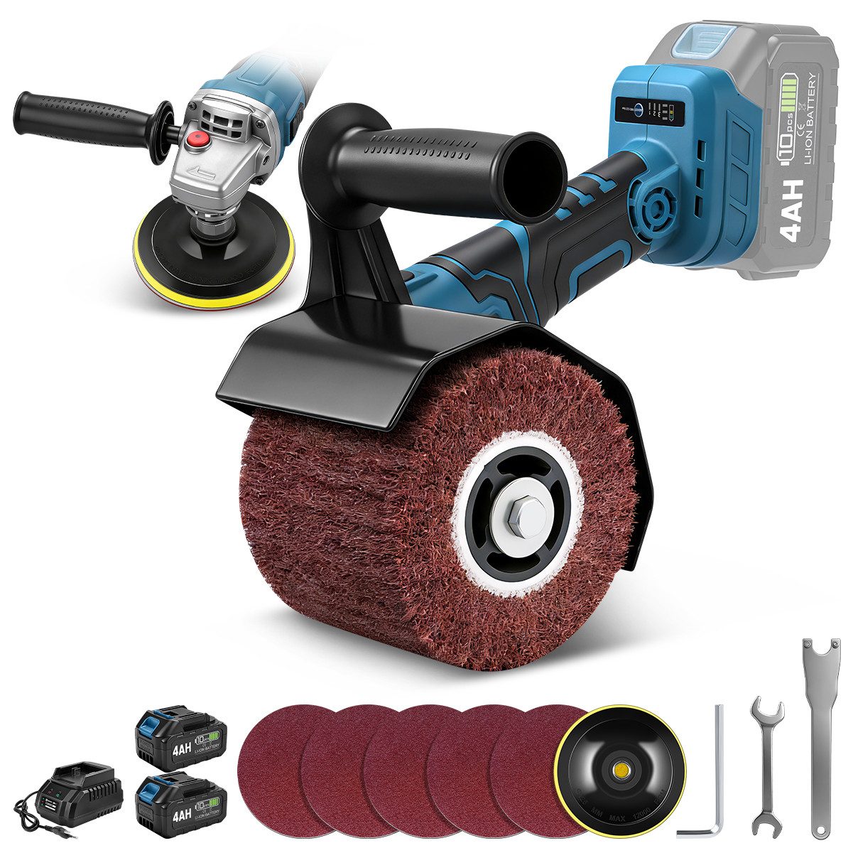 XIIW Akku-Walzenschleifer 1200W 3-in-1 Akku Satiniermaschine Bürstenschleifer Winkelschleifer, max. 9000 U/min, (Set, Akku-Multischleifer mit 2x 4,0Ah Akku), 3-Stufen Drehzahlregelung, M14-Spindel, 120*100mm Polierrad