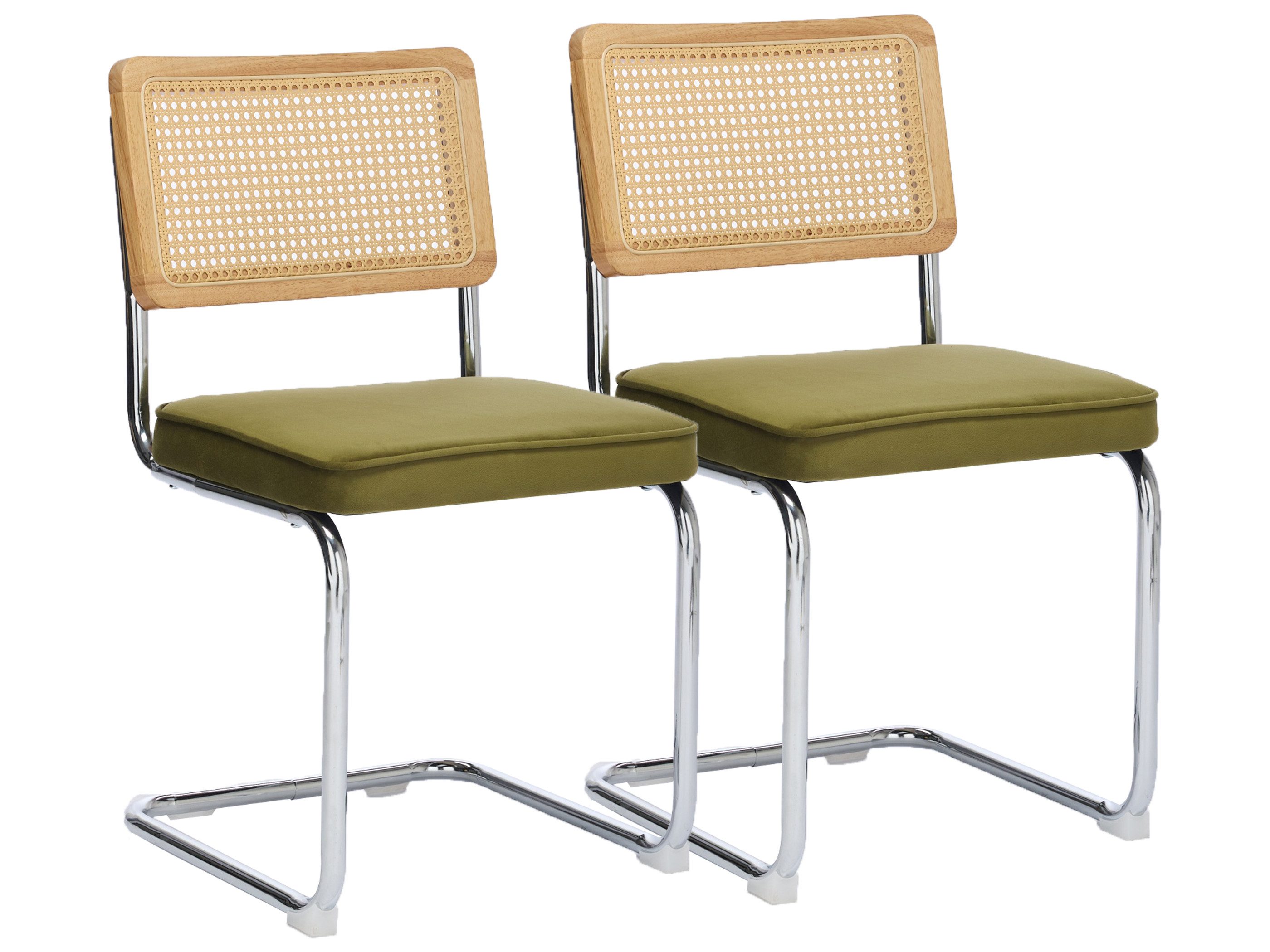 SeedWave Freischwinger 2er Set Esszimmerstühle mit Rattan-Rückenlehne, Samtstoff Sitzkissen, Küchenstuhl-Set mit rutschfester Basis, Stahl-Chrom Gestell