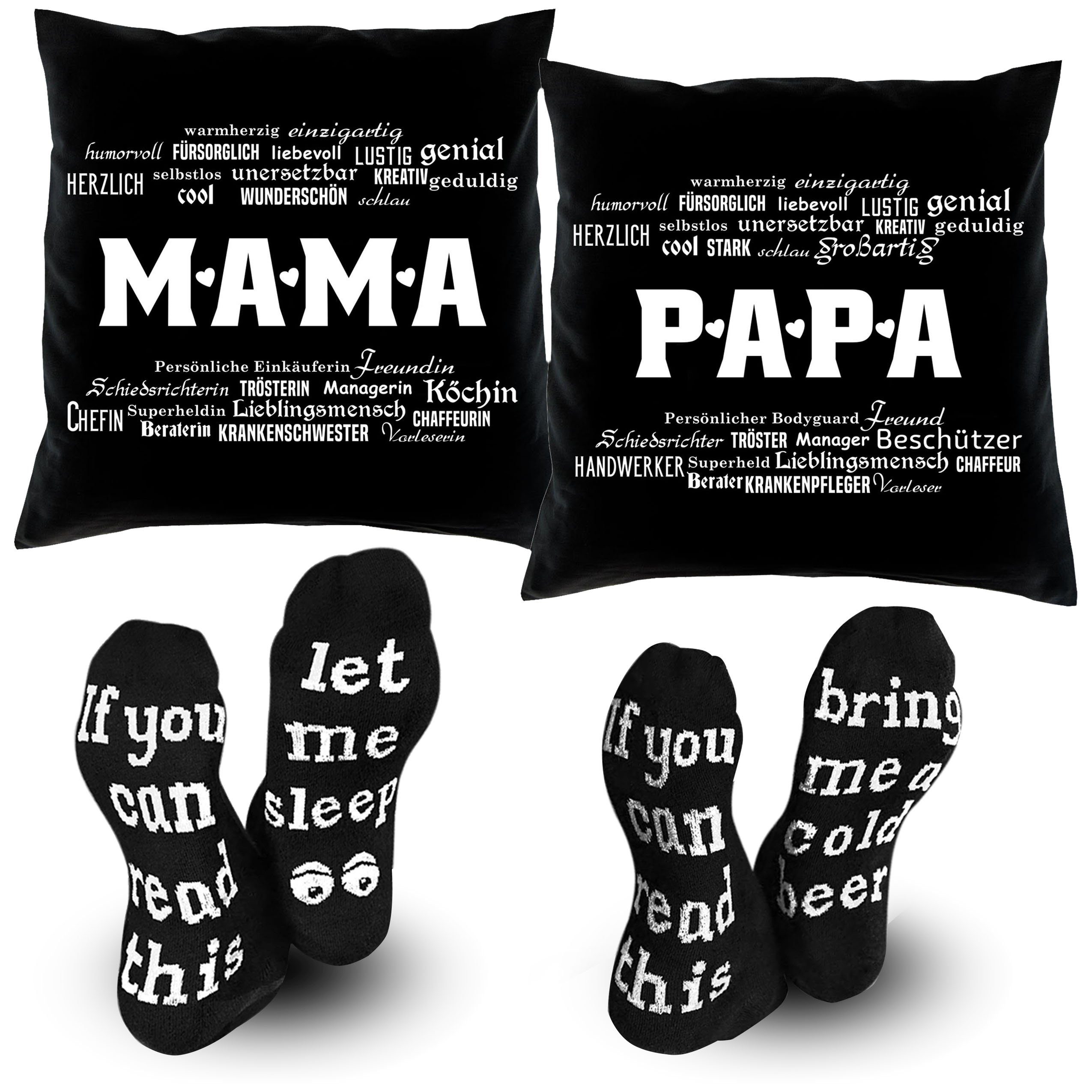 Kissen zu Papa Paar Eltern Geschenk-Set und 2 Geschenk Mama Weihnachten 2 Socken, Soreso® + Dekokissen