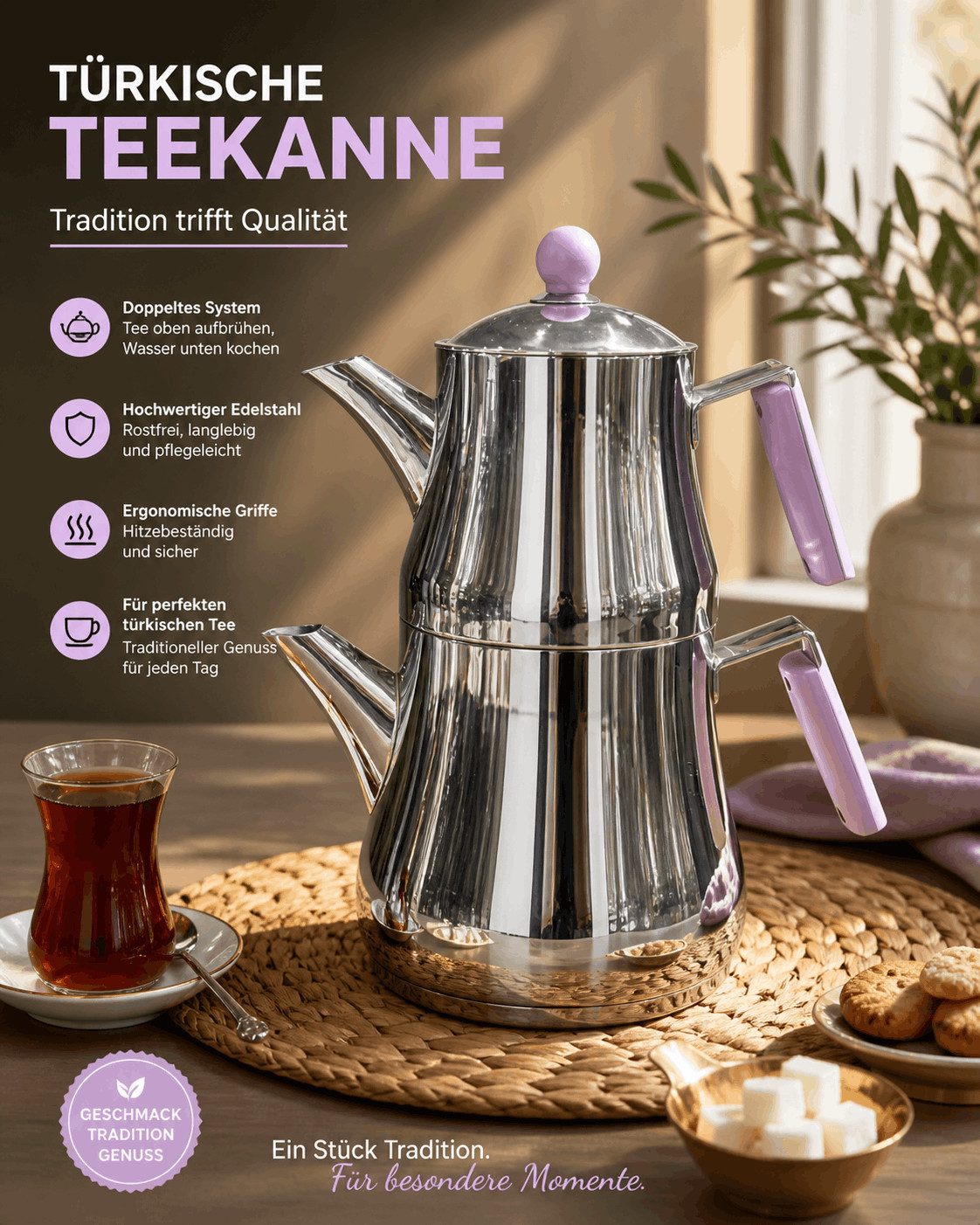 Scheffler Caydanlik-Teekanne Scheffler Edelstahl Teekanne Harem 1.8L + 1L, 2.8 l