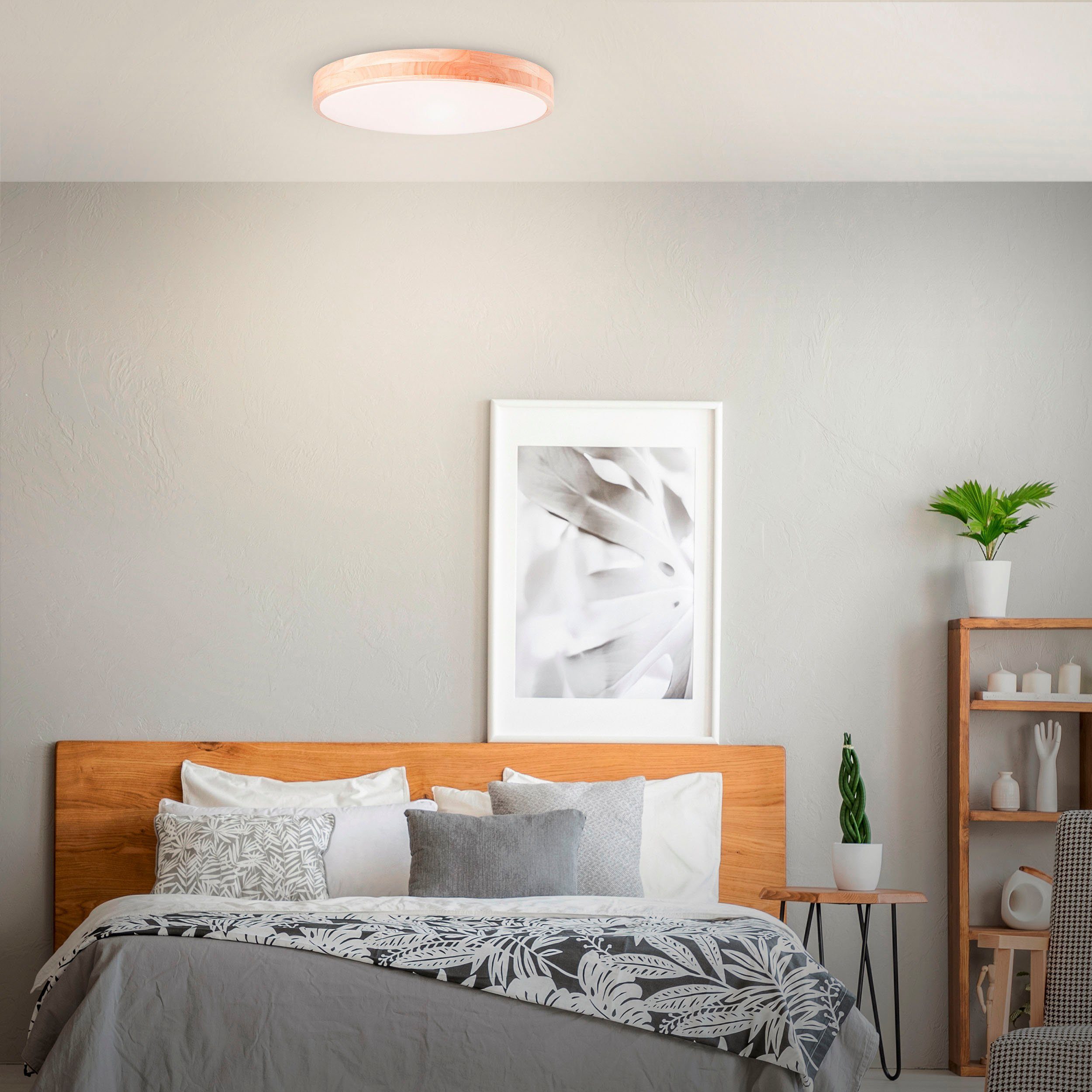 BreLight LED Wandleuchte Slimline, CCT - über Fernbedienung, Dimmfunktion, Nachtlichtfunktion, Timerfunktion, LED fest integriert, warmweiß - kaltweiß, D 50 cm, 3800 lm, 3000-6500 K, CCT, dimmbar, Holz hell/weiß