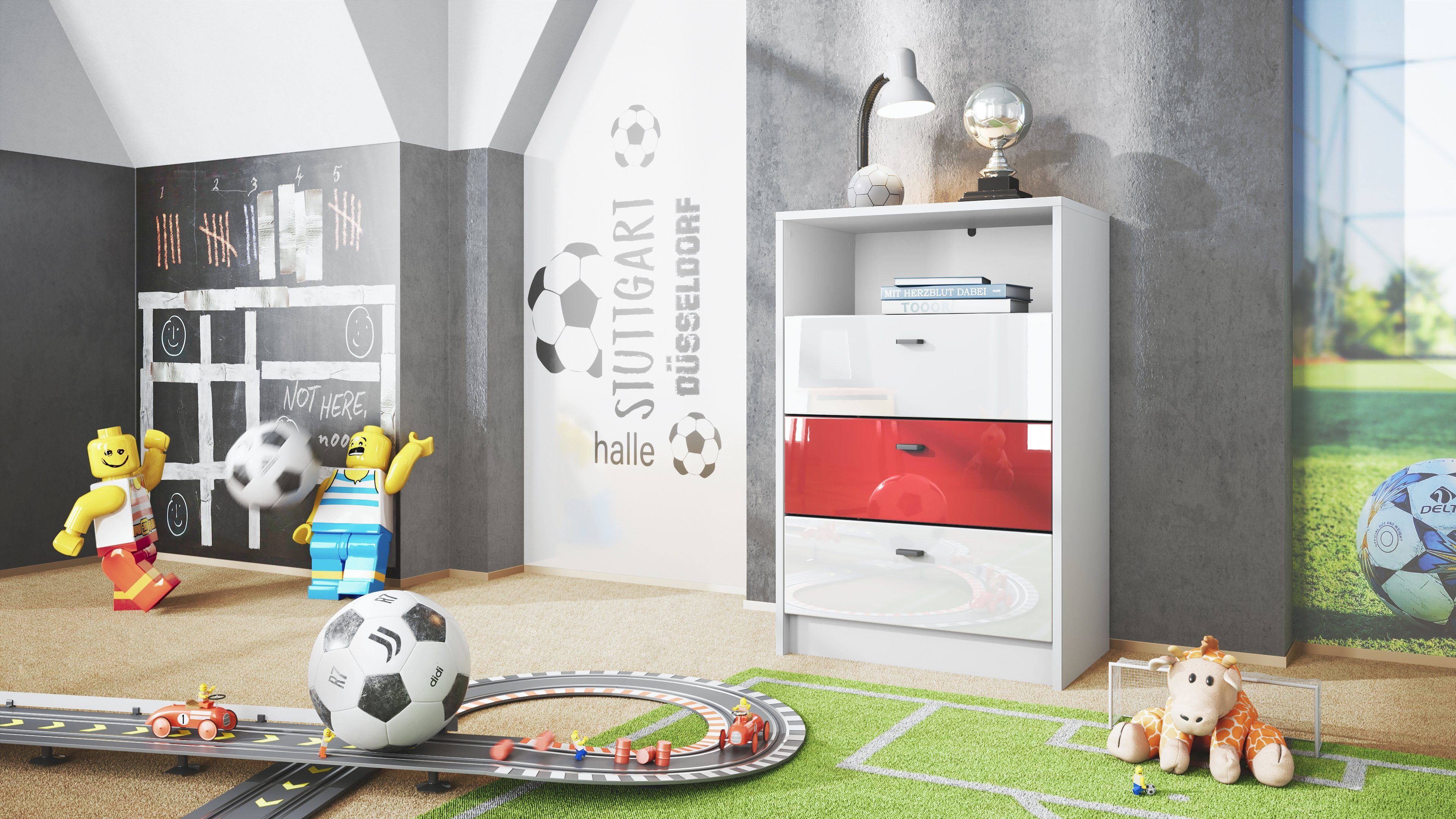 Vladon Kommode Pino V2 (Anrichte, mit 3 Schubladen), Fußball Liga Stuttgart - Weiß, Rot & Weiß glänzend (56x86,5x36 cm)