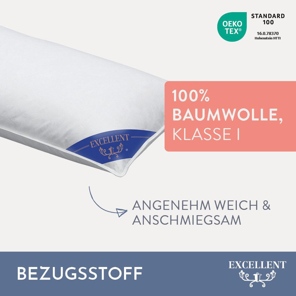 Excellent 3-Kammer-Kopfkissen Venedig, 1-tlg. oder 2 tlg. Hergestellt in Deutschland!, Füllung: weiße neue Daunen und Federn, Klasse I, 60% Daunen / 40% Federn (Außen), weiße neue Federn, Klasse I, 100% Federn (Innen), Bezug: feiner Daunen-Batist, 100% Baumwolle, Seitenschläfer, Bauchschläfer, Rückenschläfer, Spar-Set, 2-Tlg., Kopfkissen 40x80 & 80x80 cm, weich