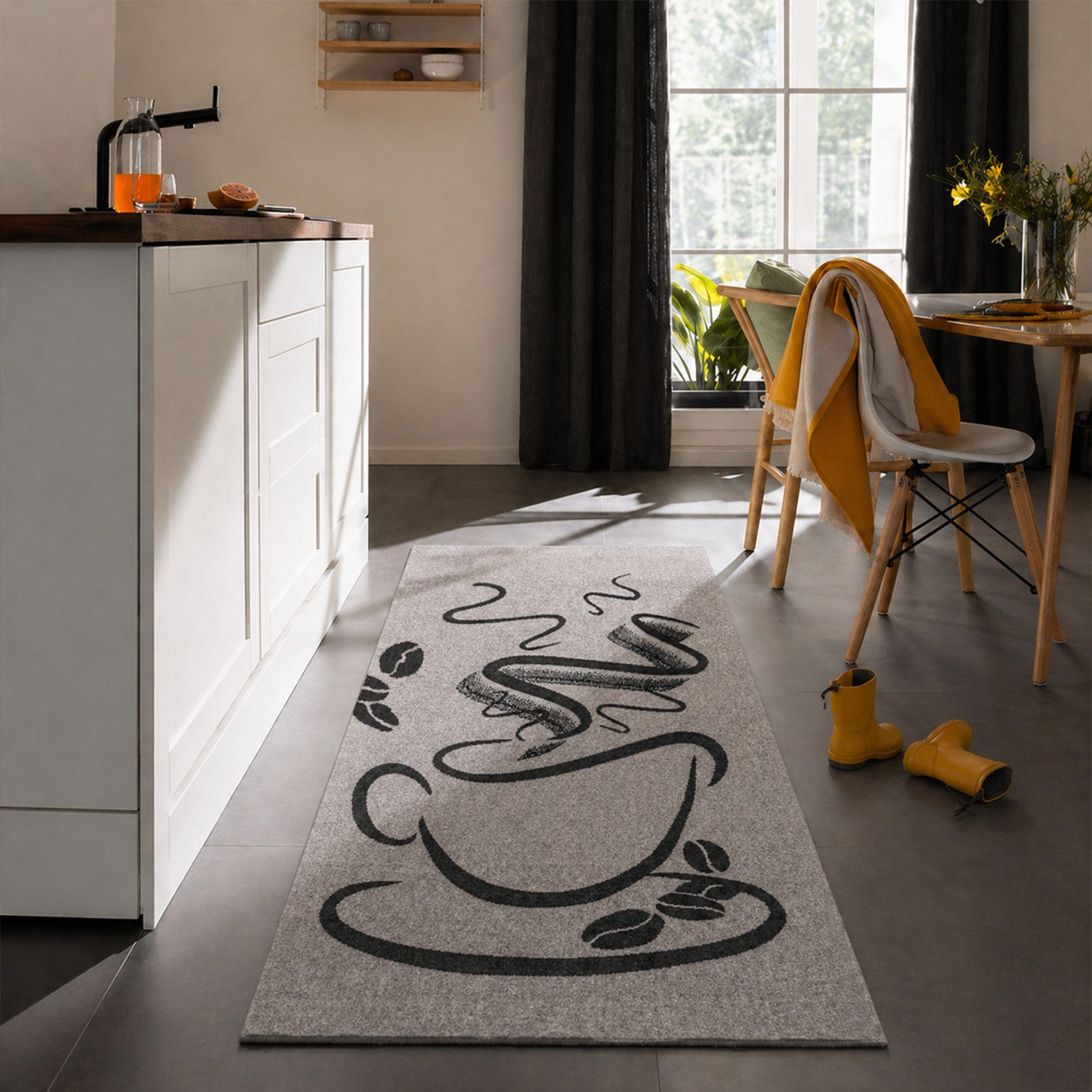 Vimoda Teppich Küchenteppich, Trendiger Kaffee Teppich in Schwarz, Grau & Braun, Rechteckig, Höhe: 5 mm, Küchenteppiche, Cappuccino, Kaffee, Tasse, Esszimmer, Küche