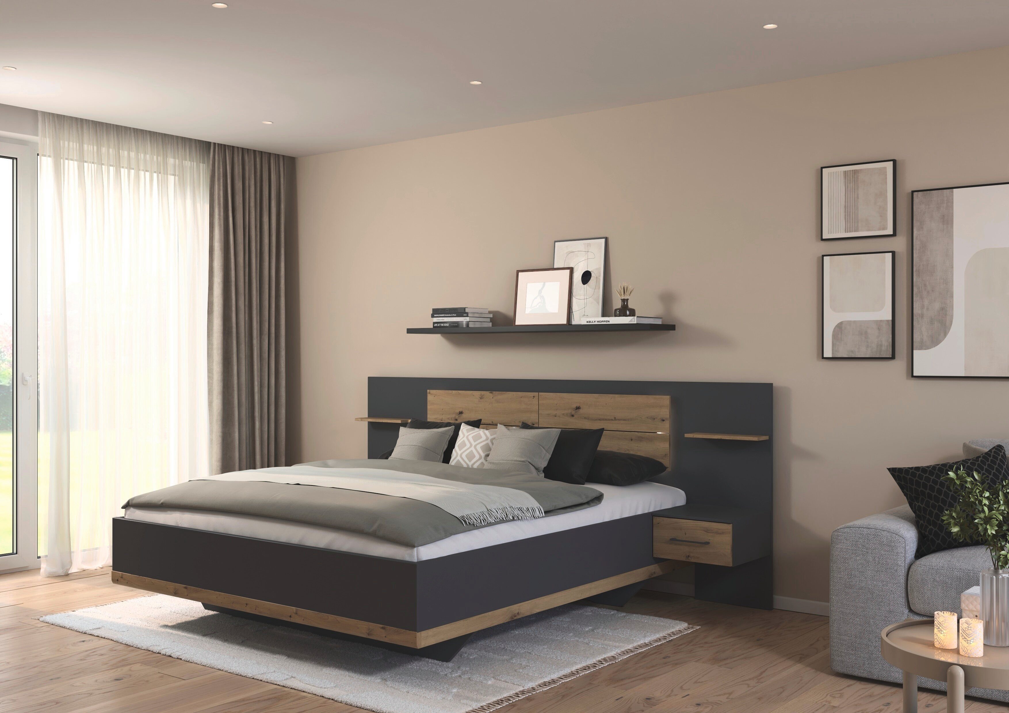 rauch Bettanlage Bett Doppelbett Komfortbett Funktionsbett BOSTON-EXTRA, (Set, 3-tlg., Liegeflächen 160 cm oder 180 cm), Mit warmer Kopfteil-Beleuchtung, 2x Hänge-Nachttische MADE IN GERMANY