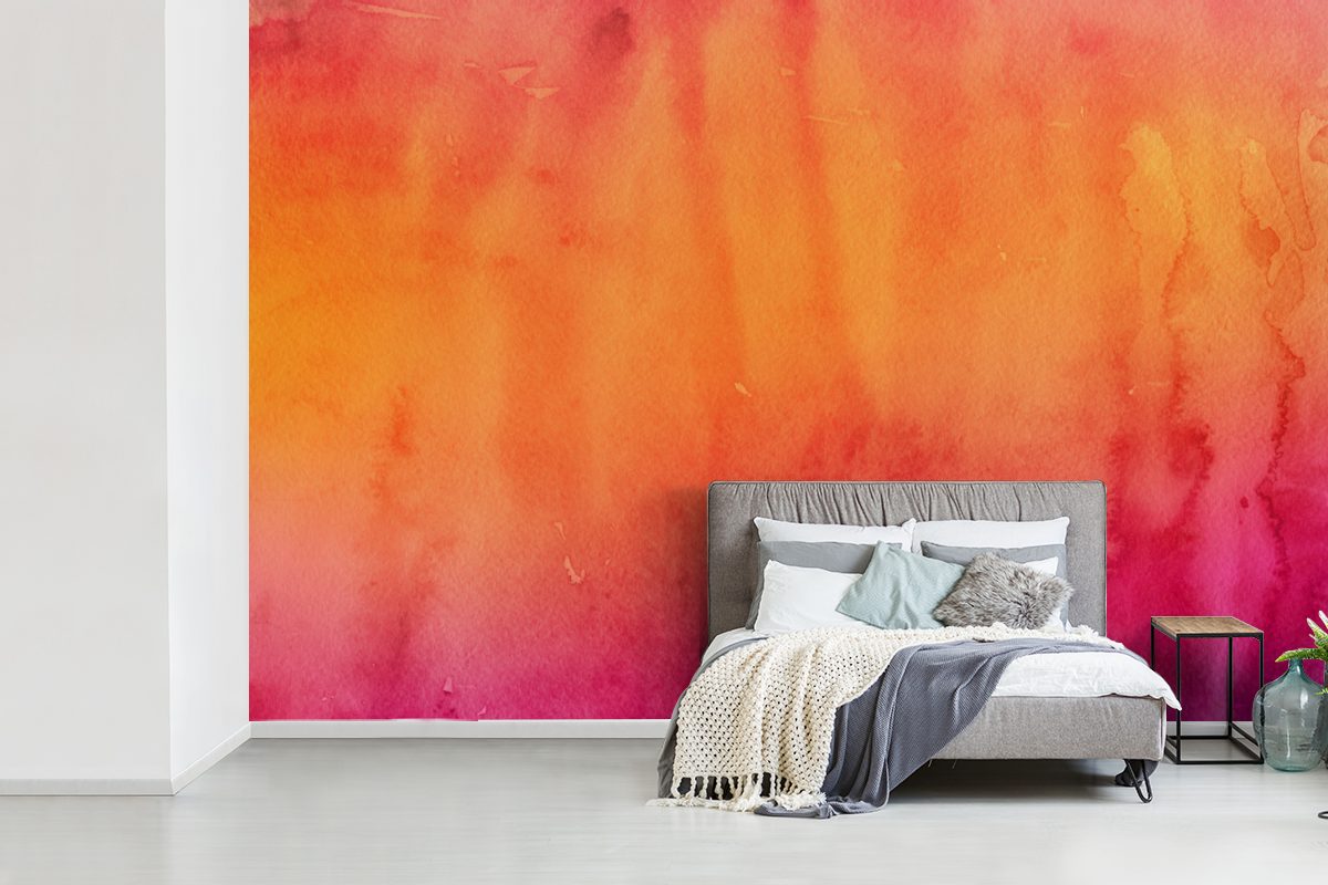 Wallpaper Schlafzimmer, Wohnzimmer, - MuchoWow Aquarell - (6 für Kinderzimmer, Rosa Tapete Matt, St), Orange, bedruckt, Fototapete Vinyl