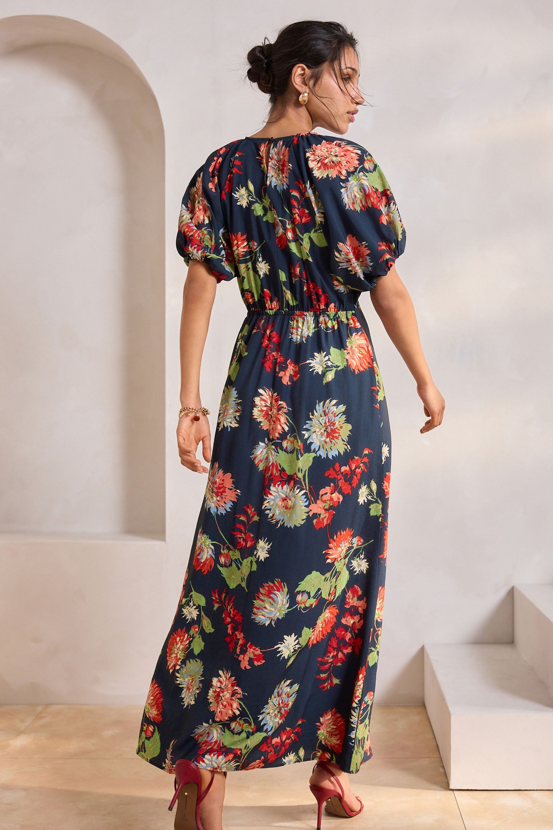 Next Midikleid Bedrucktes Midikleid mit Puffärmeln günstig online kaufen