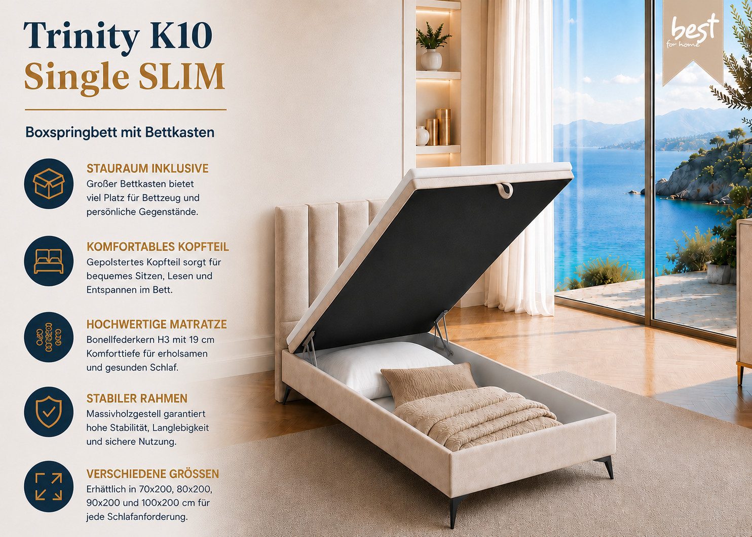 Best for Home Boxspringbett K10 Single SLIM mit Bettkasten & Bonellfederkernmatratze, Topper H3 (Einzelbett, Polsterbett, Kinderbett, Juniorbett, Hotelbett, 70x200 80x200 90x200 100x200 cm), mit oder ohne Topper, Flexible Liefermöglichkeiten, Handwerksqualität