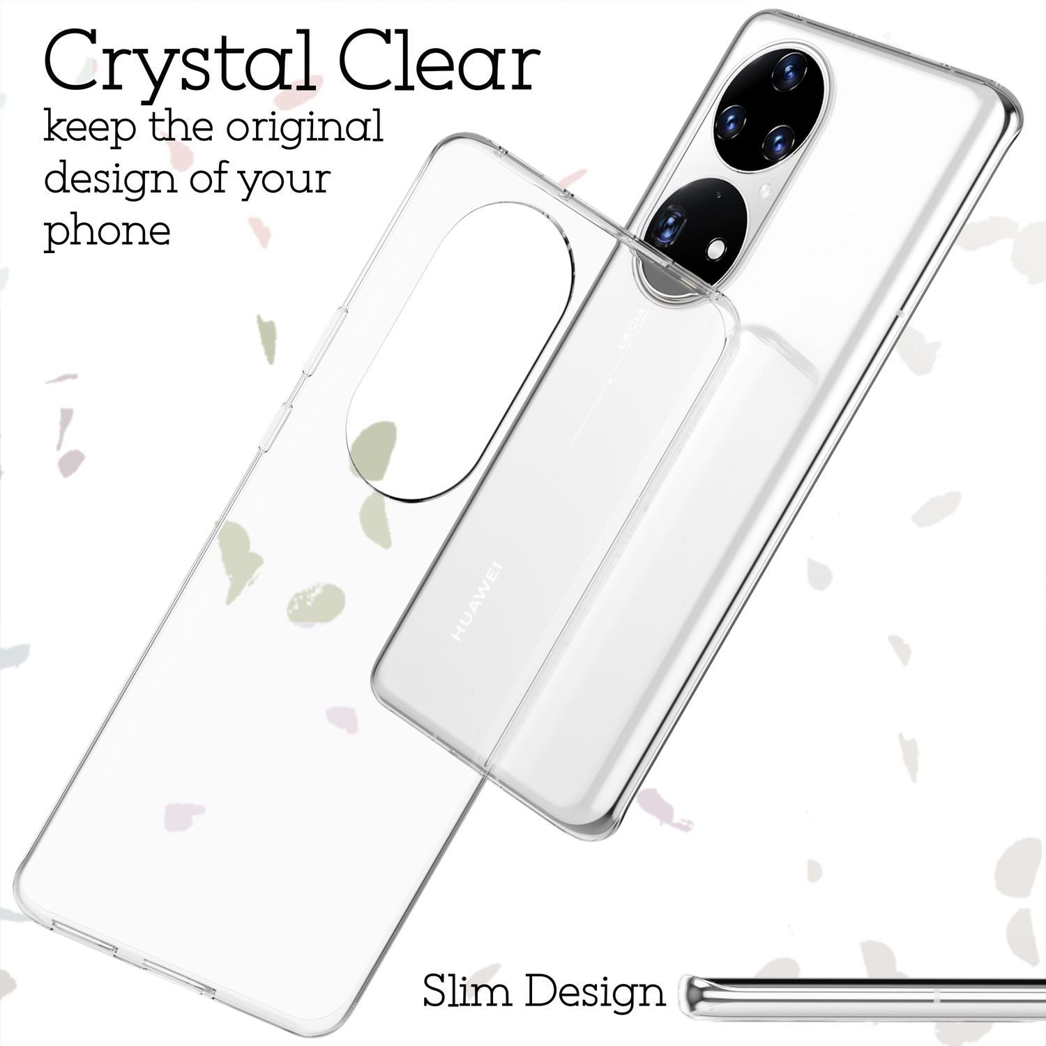Nalia Smartphone-Hülle Huawei P50 Pro 16,8 cm (6,6 Zoll), GLAZE Case - Transparentes Silikon, Anti-Watermark & Schlank