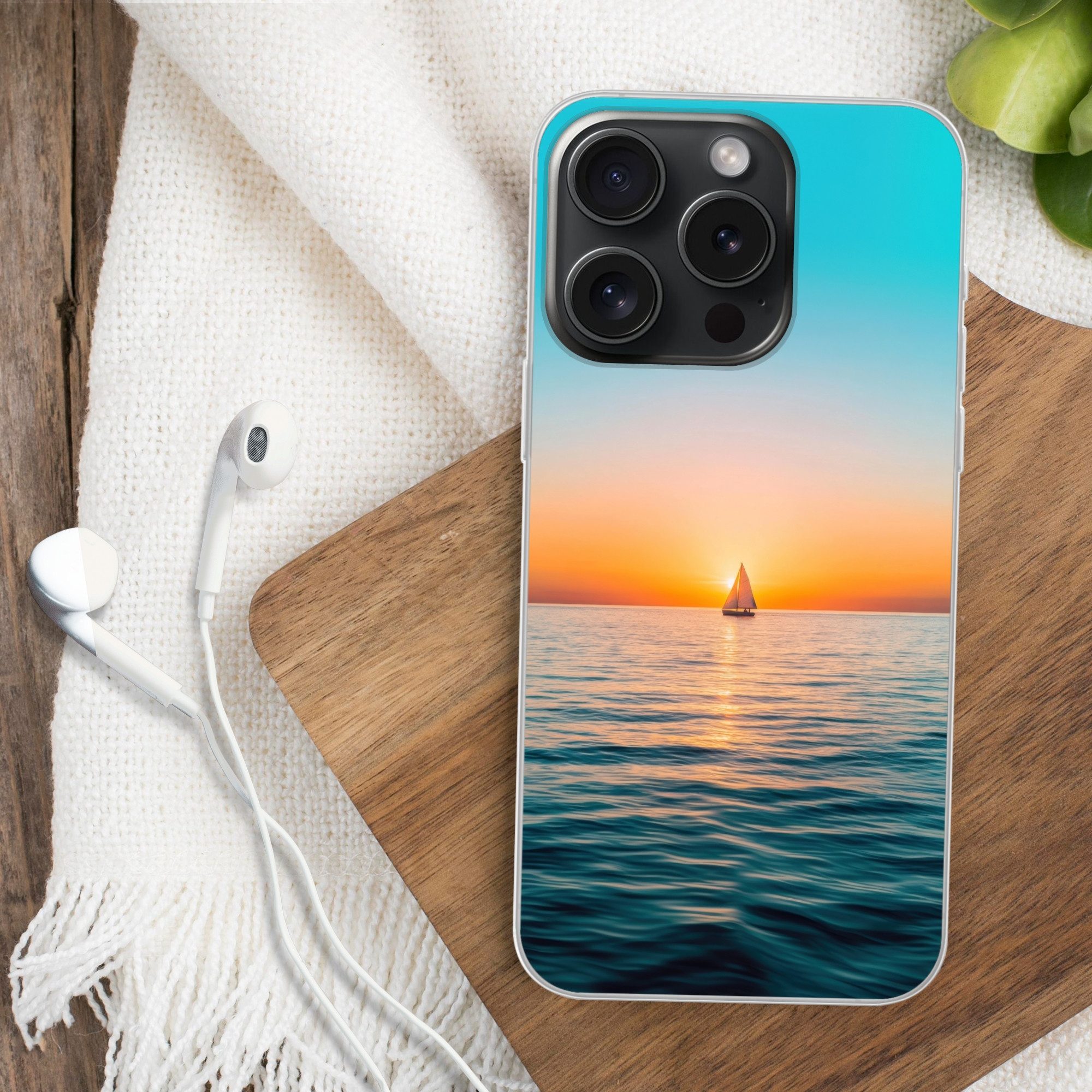 MuchoWow Handyhülle für Apple iPhone 15 Pro Meer - Segelboot - Sonnenuntergang, Smartphone-Bumper, Print, Handy Schutzhülle Dünn
