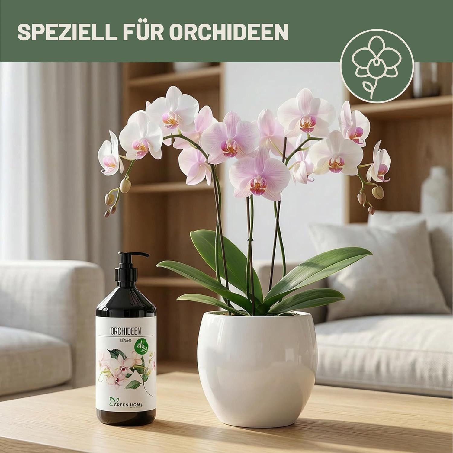GREEN HOME LOVE NATURE Spezialdünger Orchideendünger flüssig NPK 5+5+7 mit Spurennährstoffen, Orchideen, NPK 5+5+7, Spurennährstoffe, chelatiert, Dosierpumpe
