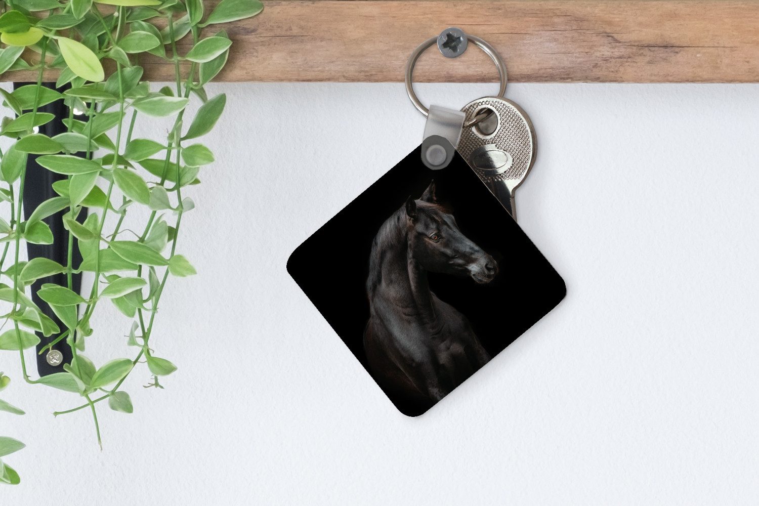MuchoWow Schlüsselanhänger Pferd - Tiere - Schwarz - Porträt, Quadratisch, Accessoire Auto / Haus / Rucksack / Handtasche, 5x5 cm