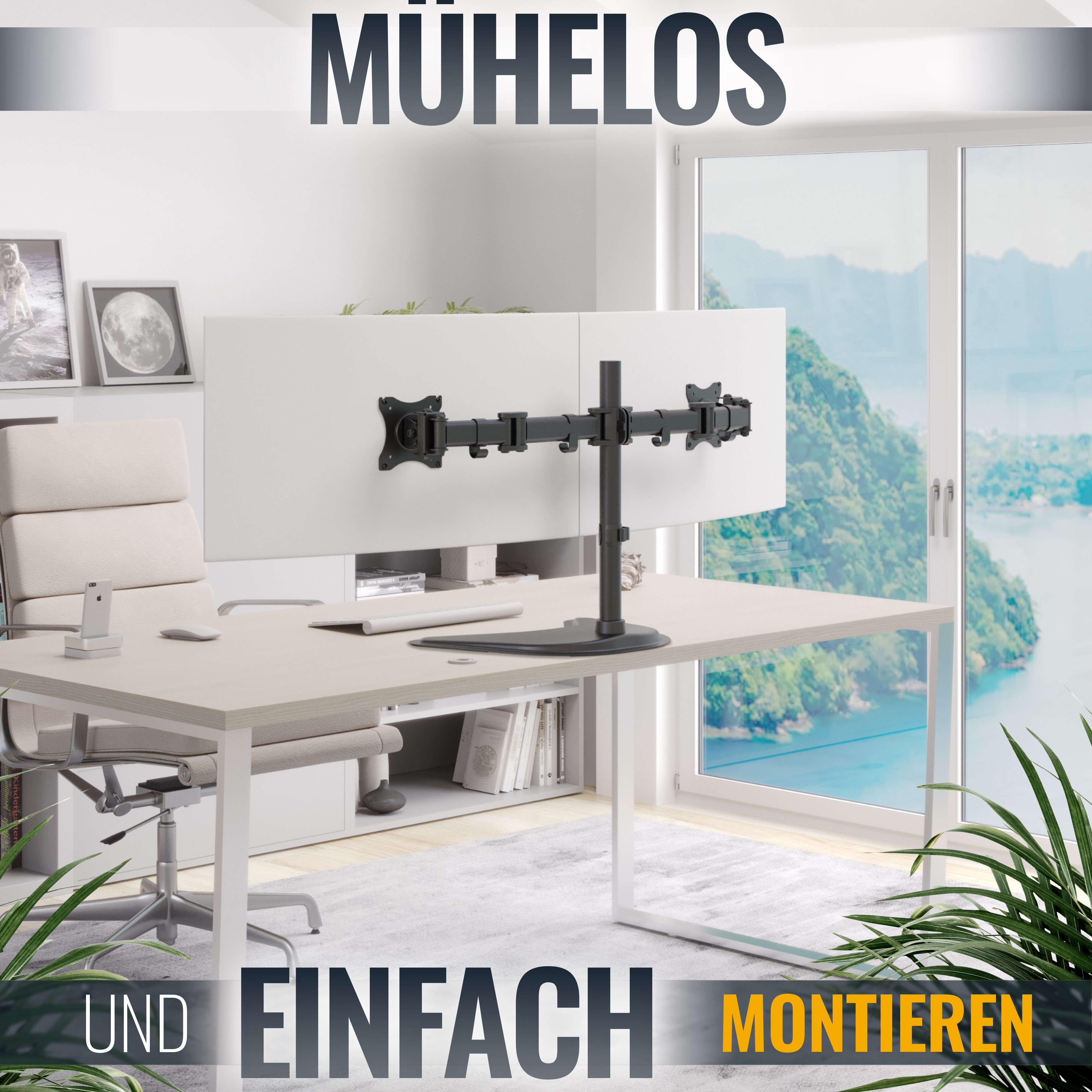 RICOO Monitor-Halterung 2 Monitore Tischhalterung neigbar schwenkbar TS5311, (bis 27 Zoll, VESA 75x75 und 100x100, 1-tlg., 8 kg Belastbarkeit, von 33-68 cm (13"-27) Bildschirm-Diagonale, neigbar +/-45°, schwenkbar bis 180°, drehbar 360° Dual Monitorständer)