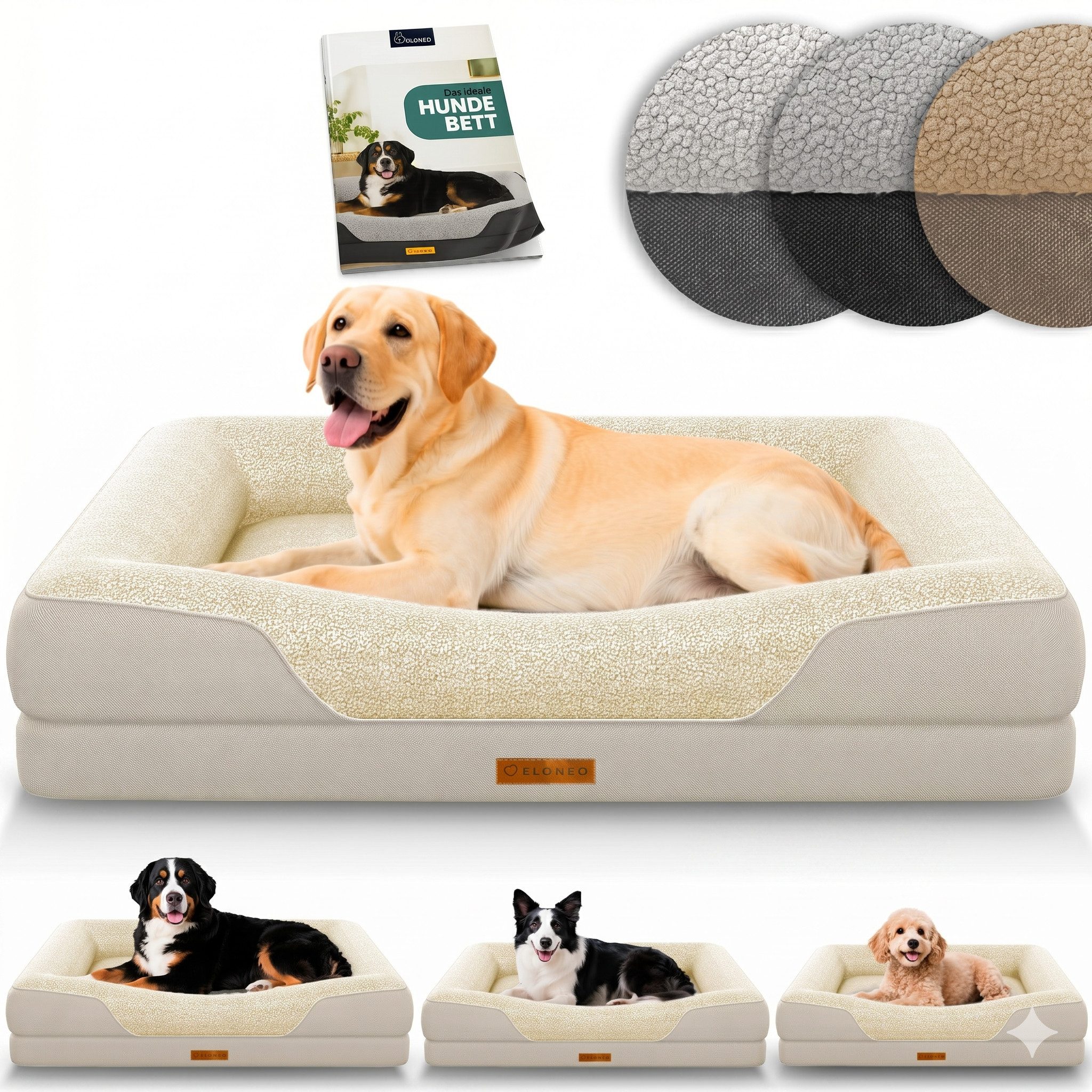 ELONEO Hundebett ELONEO - Orthopädisches Premium Hundebett, gelenkschonend, waschbar, Aus kuscheligem Sherpa-Fleece und strapazierfähigem Sofastoff