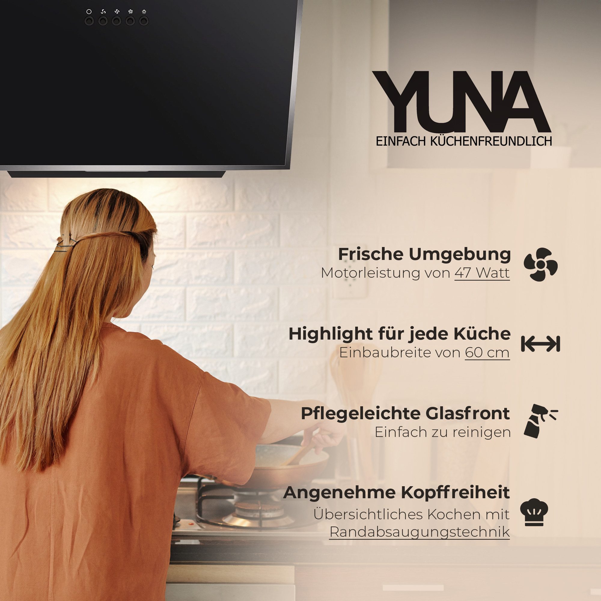 YUNA Kopffreihaube Dunstabzugshaube Schräghaube DUSICA, 60 cm, Umluft oder Abluft Dunstabzugshaube Schräghaube DUSICA, 60 cm, Umluft oder Abluft, 60cm breit, LED-Beleuchtung, Abluft- und Umluft, schwarze Glasfront