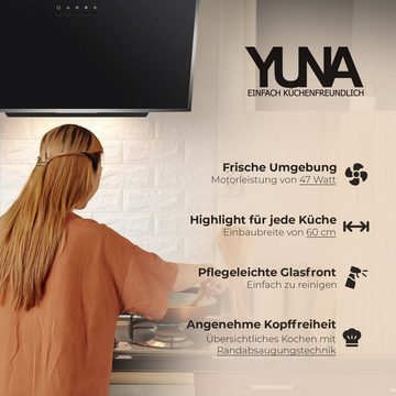 YUNA Kopffreihaube Dunstabzugshaube Schräghaube DUSICA, 60 cm, Umluft oder Abluft, 60cm breit, LED-Beleuchtung, Abluft- und Umluft, schwarze Glasfront