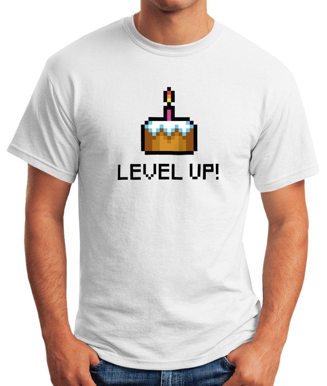 Herren Pixel-Torte Up Retro Print-Shirt Geburtstag Geschenk Fun-Shirt Arcade Moonworks® weiß MoonWorks Print Gamer Pixelgrafik Level mit T-Shirt