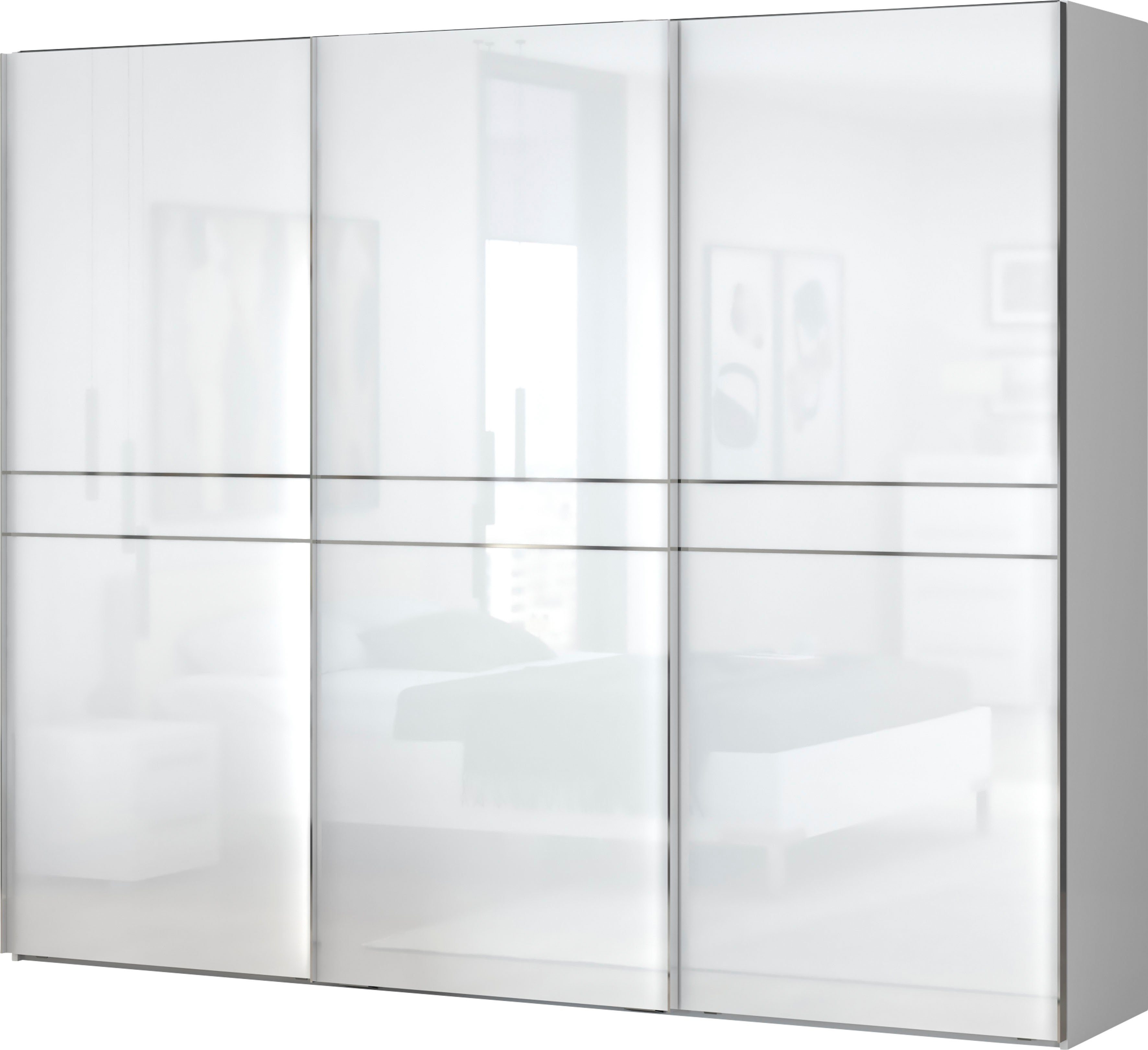 OTTO home Schwebetürenschrank Piano, FSC-zertifiziert, mit Einlegeböden und Kleiderstangen (in 3 Breiten, 224cm hoch, mit verchromten Aufleistungen) UV lackiert, hochglänzend, mit Soft-Close Funktion, in beige oder weiß