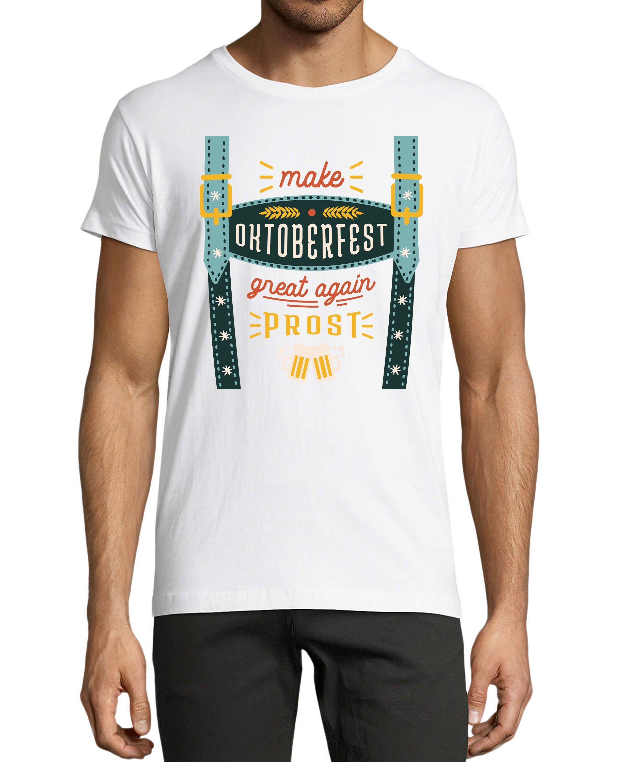 Fit, T-Shirt Hosenträger Trinkshirt Aufdruck T-Shirt Baumwollshirt Print Shirt Herren Regular Fun mit Oktoberfest MyDesign24 weiss - i317