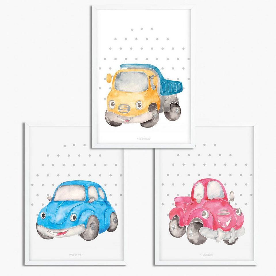 Sunnywall Poster Poster Kinderzimmer Kleine Autos- Little Cars (3er Set),  Auto (Set, 3 St), Poster