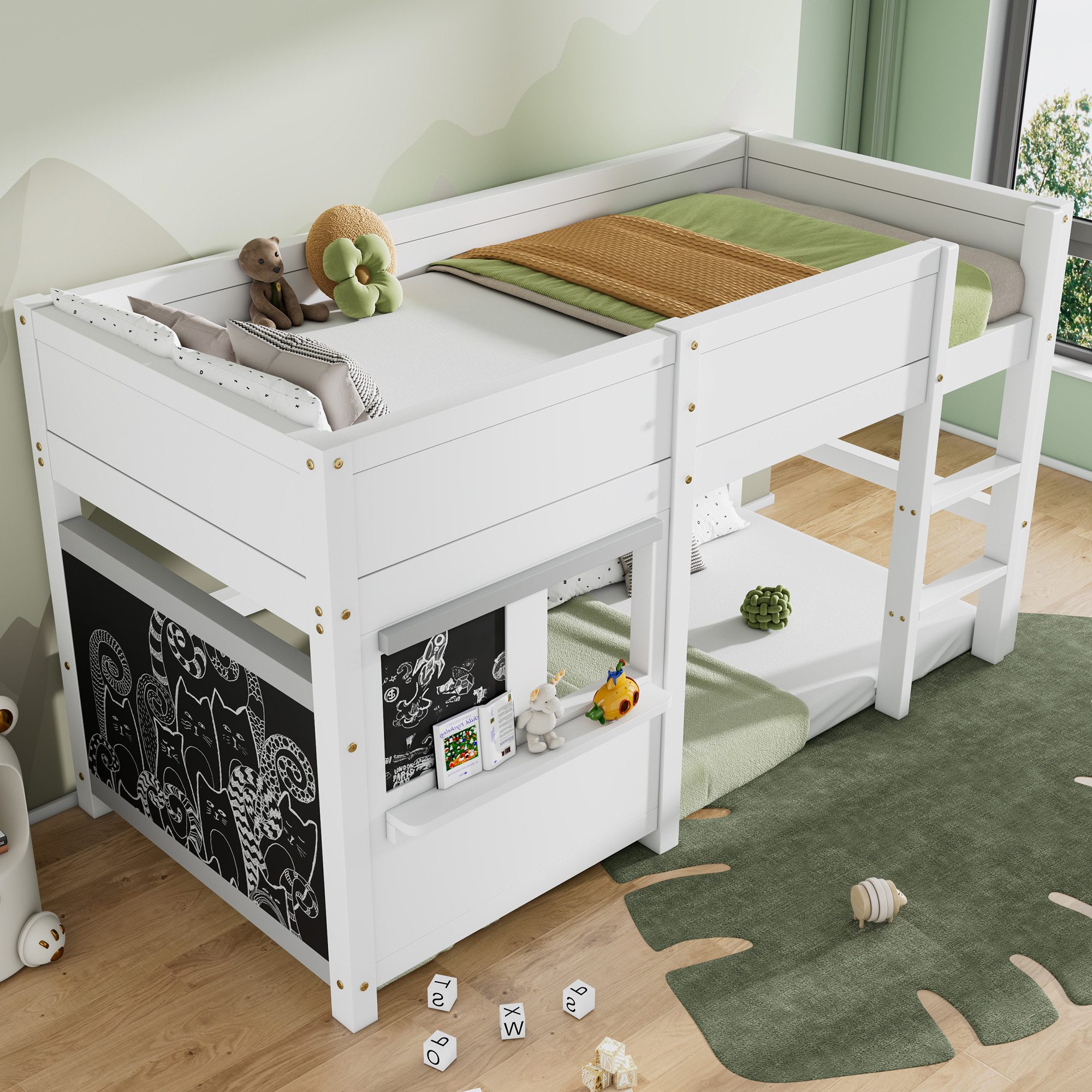 STILVORA Kinderbett 90x200 Hochbett Kinderbett mit kleiner Ablage und Doodle-Board (90x200 weiß ohne Matratze), mit zwei Brettern graffitifähig, mit kleiner Ablage