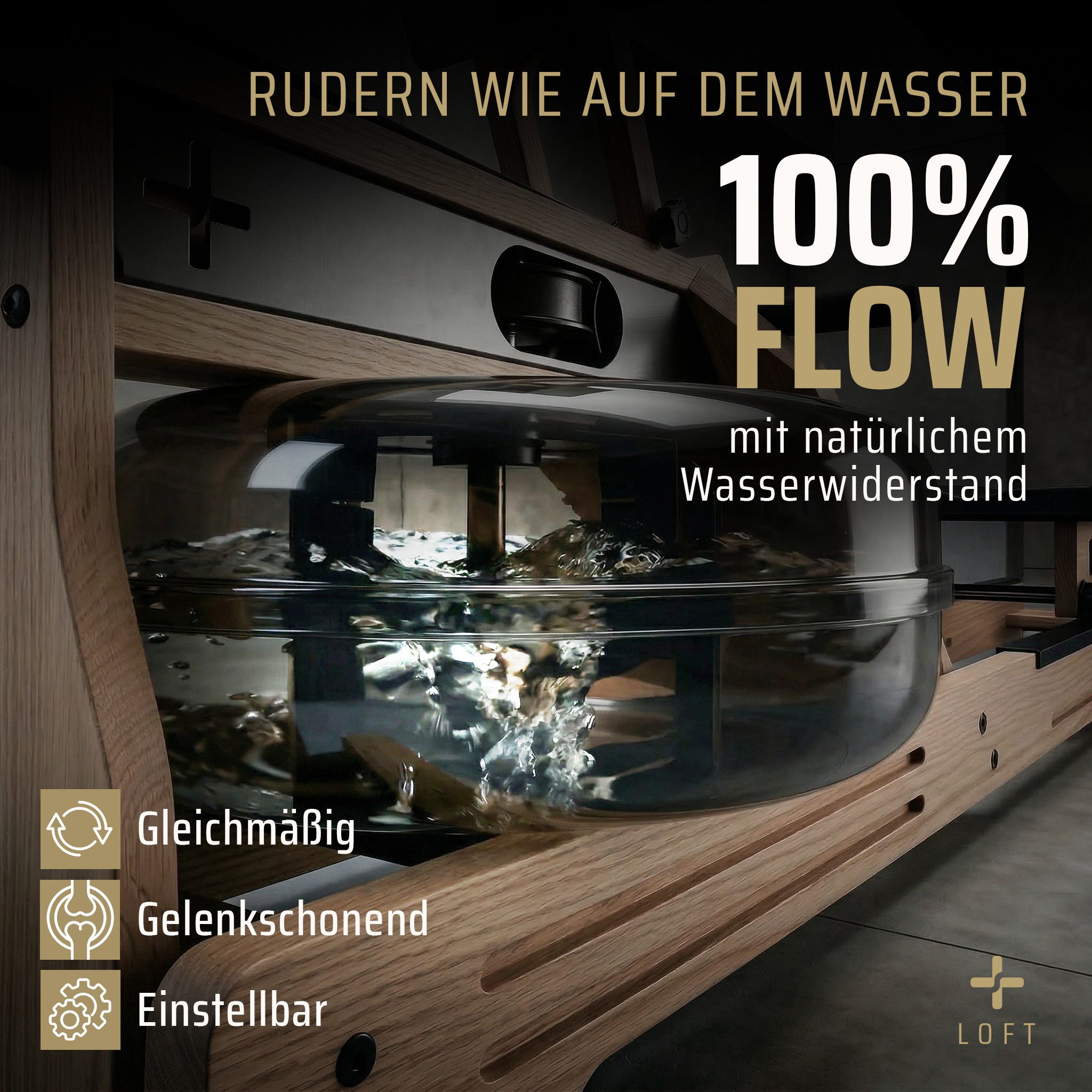 SportPlus Rudergerät für zuhause, Wasser, Holz Eiche, bis 180kg, App, Rudern, Fitness, Holz-Wasser-Rudergerät, aus Natur-Massivholz, FSC®-zertifiziert.