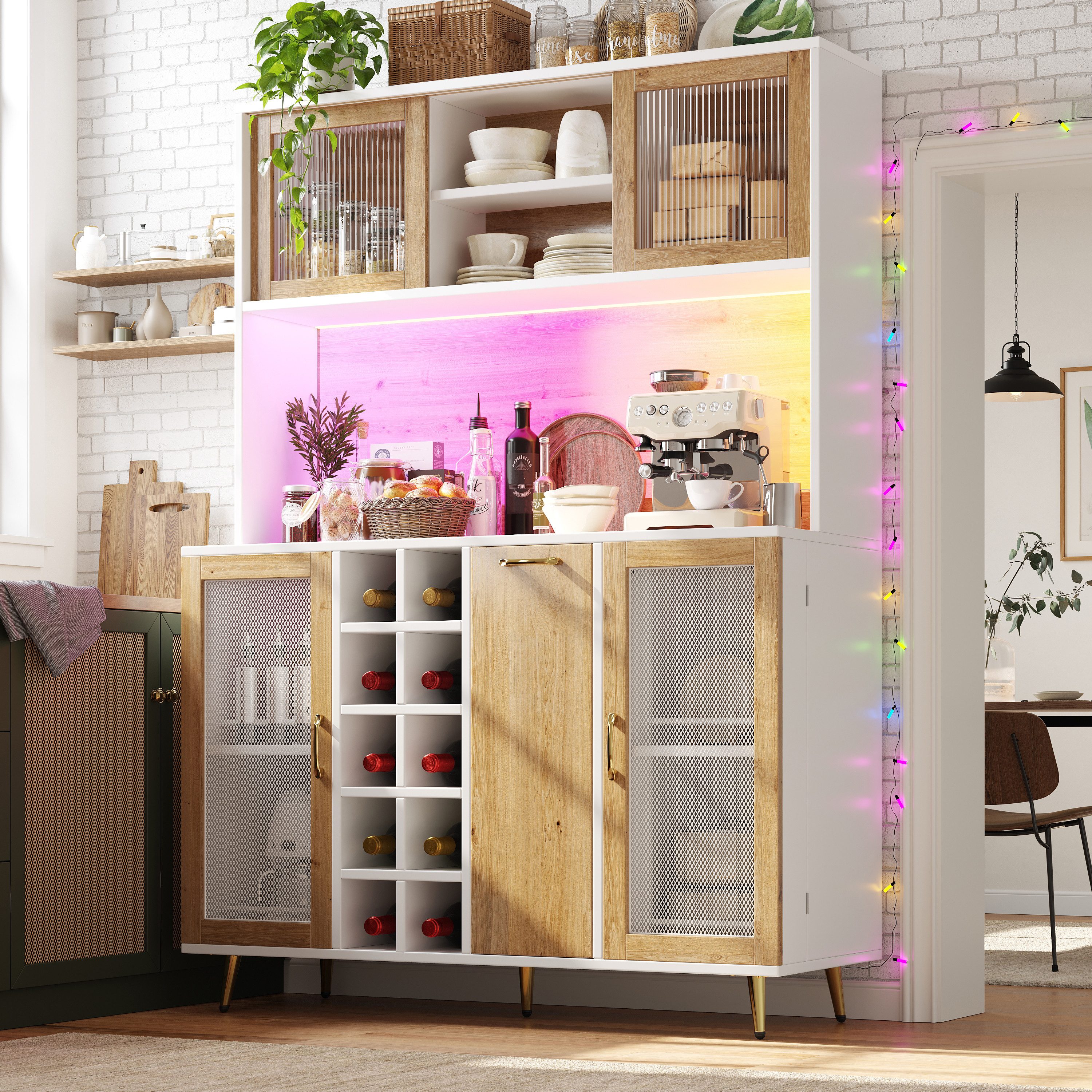 Odikalo Küchenbuffet Küchenschrank Buffetschrank mit LED-Beleuchtung & Weinregal (120x40x170cm, mit LED-Beleuchtung, Weinregal & Snackregal, 5 Türen, integrierte Steckdose)