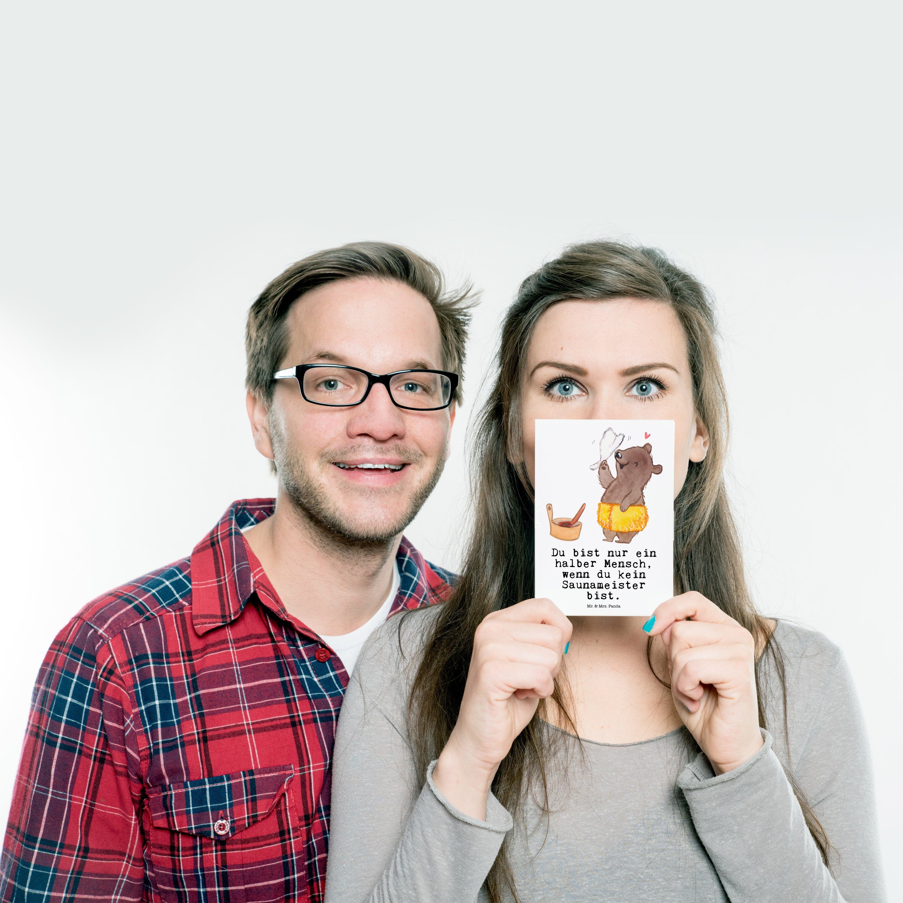 Mr. & Mrs. Weiß - mit Panda Koll Geschenk, Saunameister Herz Dankeskarte, - Postkarte Grußkarte
