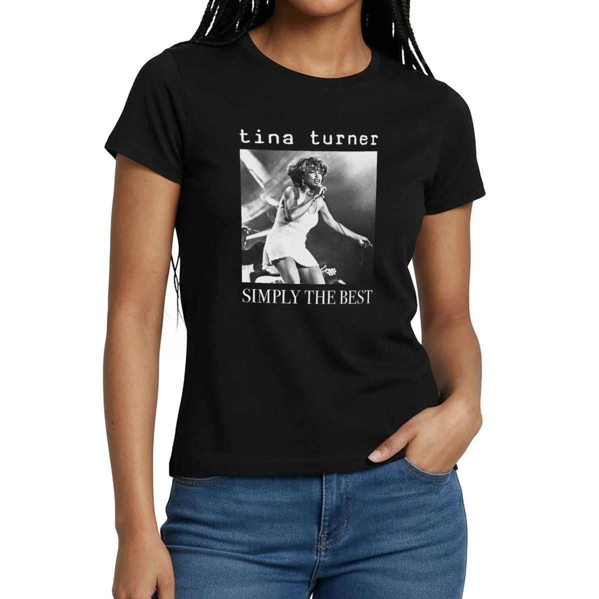 Spreadshirt T-Shirt Tina Turner Schwarz Weiß Foto Simply The Best Frauen T-Shirt (1-tlg) Slim Fit, fällt klein aus
