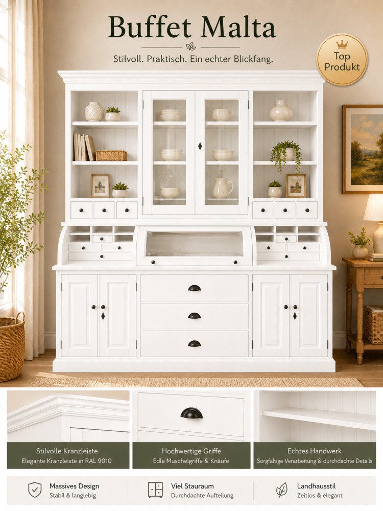 Wohnpalast Buffet Landhaus Buffet Schrank Malta Ladenschrank weiss 200 cm