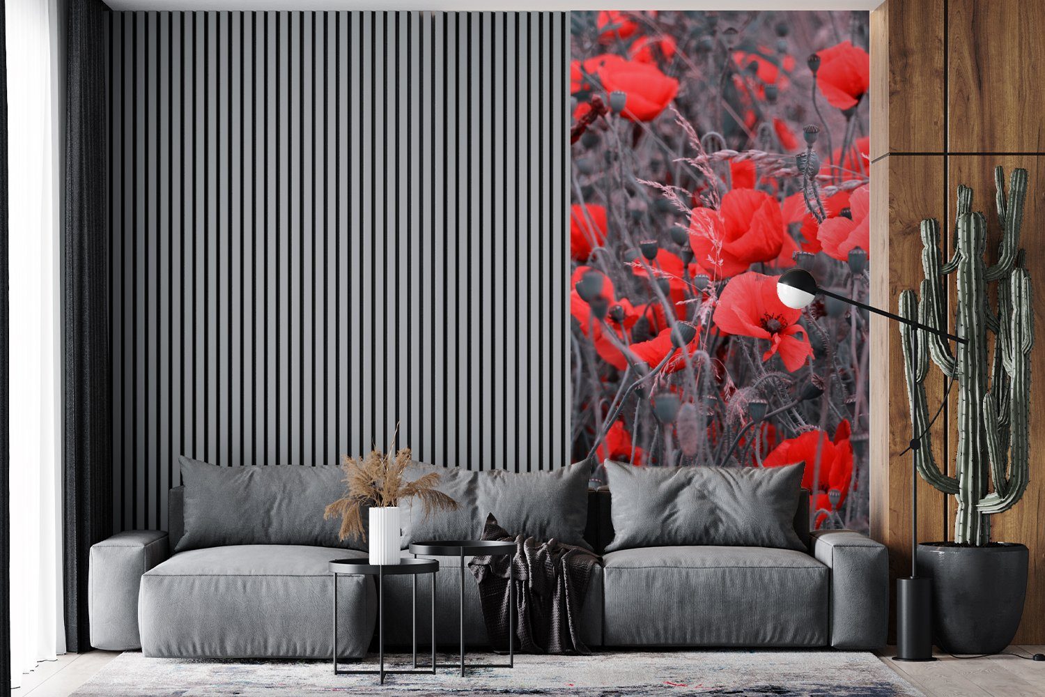 MuchoWow Fototapete einem Vliestapete Mohnblumen Schwarz-Weiß-Bild, bedruckt, Rote Wohnzimmer Fototapete Matt, (2 Schlafzimmer Küche, in St), für