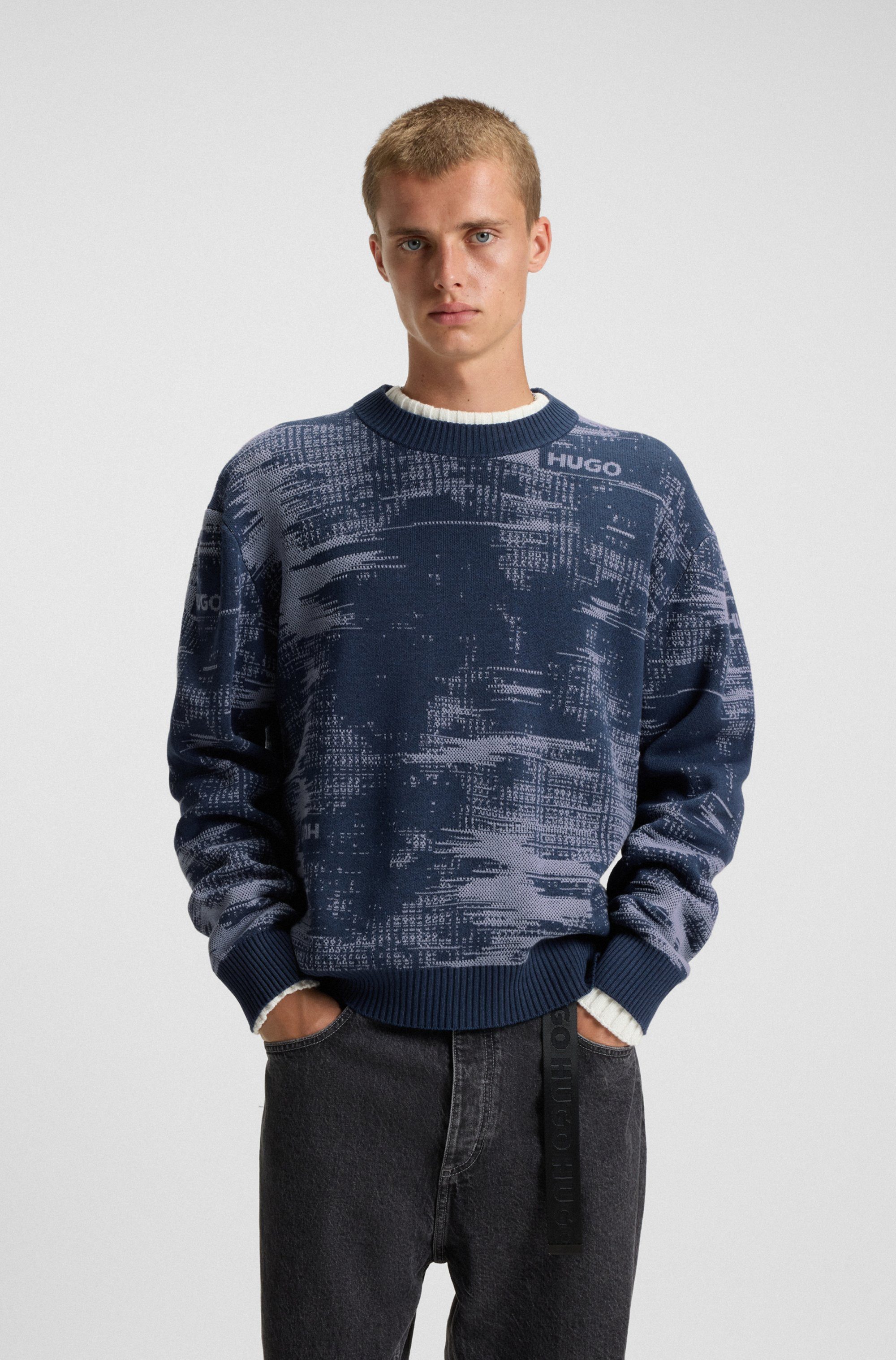 HUGO Blue Jacquardpullover Sorbas Rundhalsausschnitt, relaxed fit, Baumwollmix