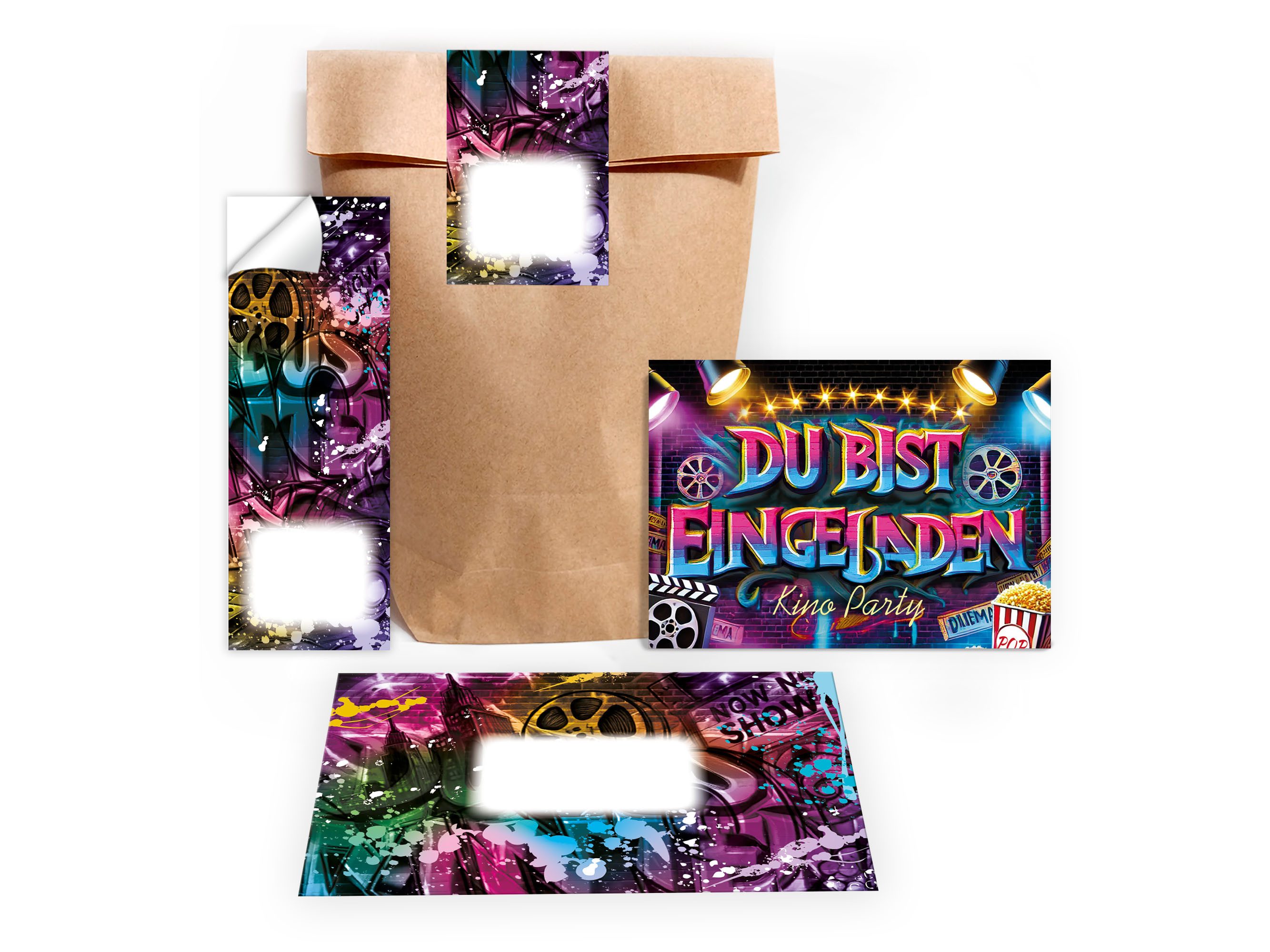LIMONIA Einladungskarten Kino Party zum Geburtstag Einladungen Karten mit Umschlägen Mitgebsel, Mitbringsel Set zum Kindergeburtstag Gastgeschenke Graffiti Kino