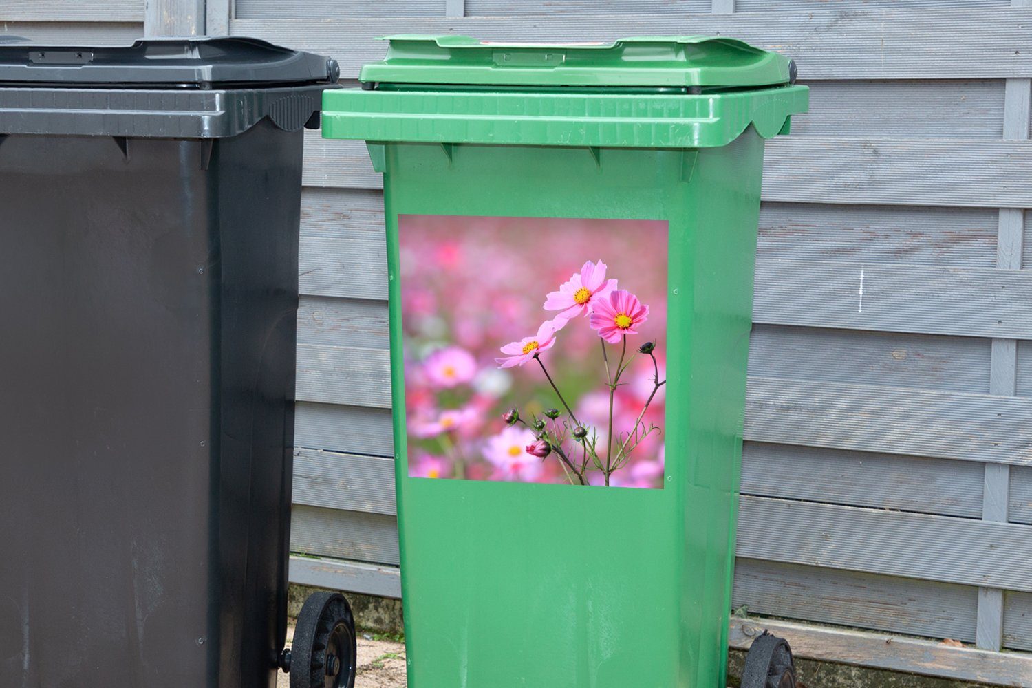 Abfalbehälter Blumen Sticker, - Mülltonne, (1 Draußen MuchoWow Mülleimer-aufkleber, - Container, St), Wandsticker Rosa