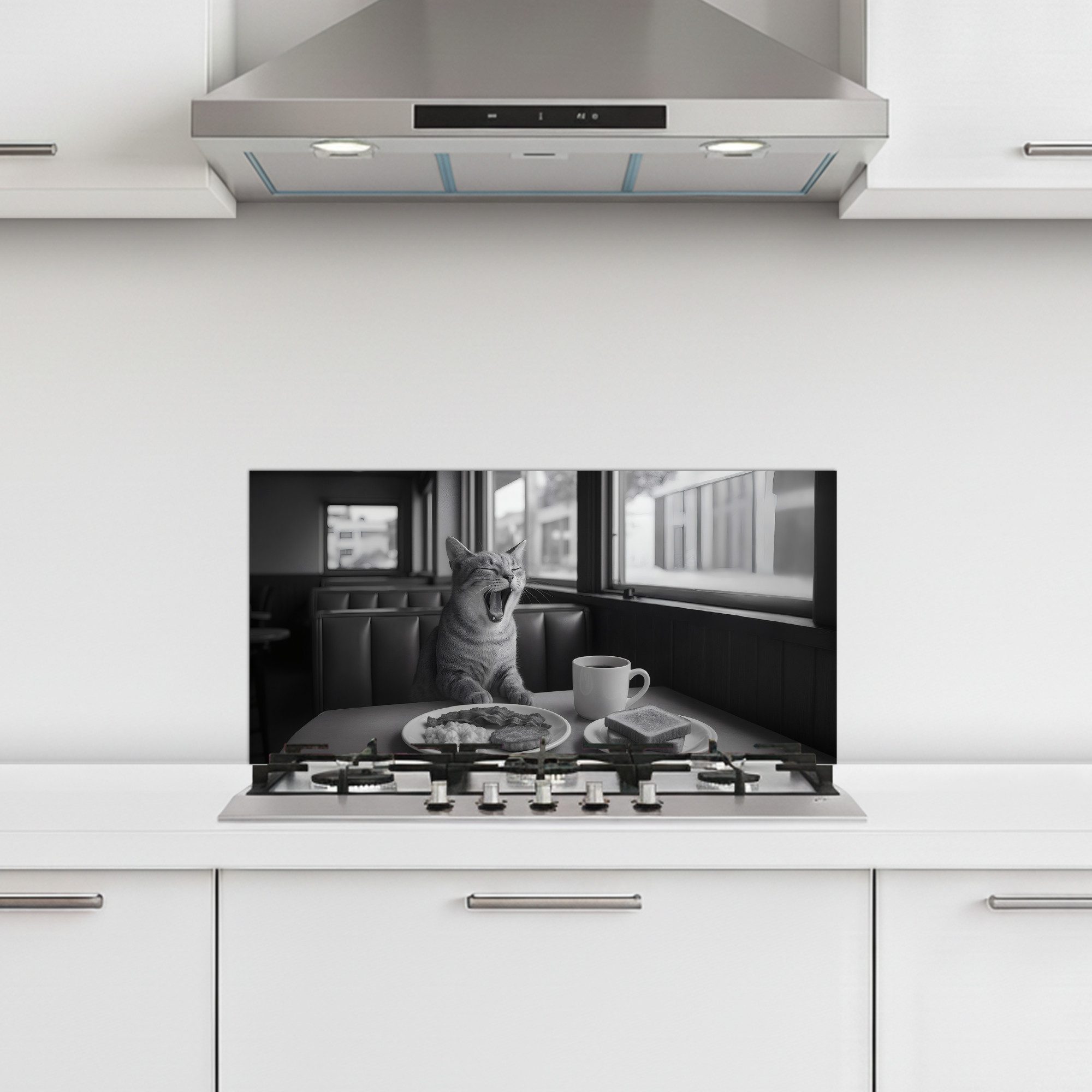 MuchoWow Küchenrückwand selbstklebend Katze - Kaffee - Brot - Schwarz, (1-t günstig online kaufen