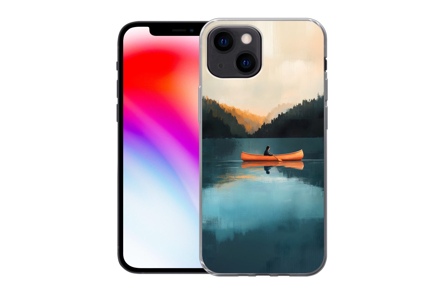 MuchoWow Handyhülle für Apple iPhone 13 mini Wälder - See - Kanu - Orange, Smartphone-Bumper, Print, Handy Schutzhülle Dünn