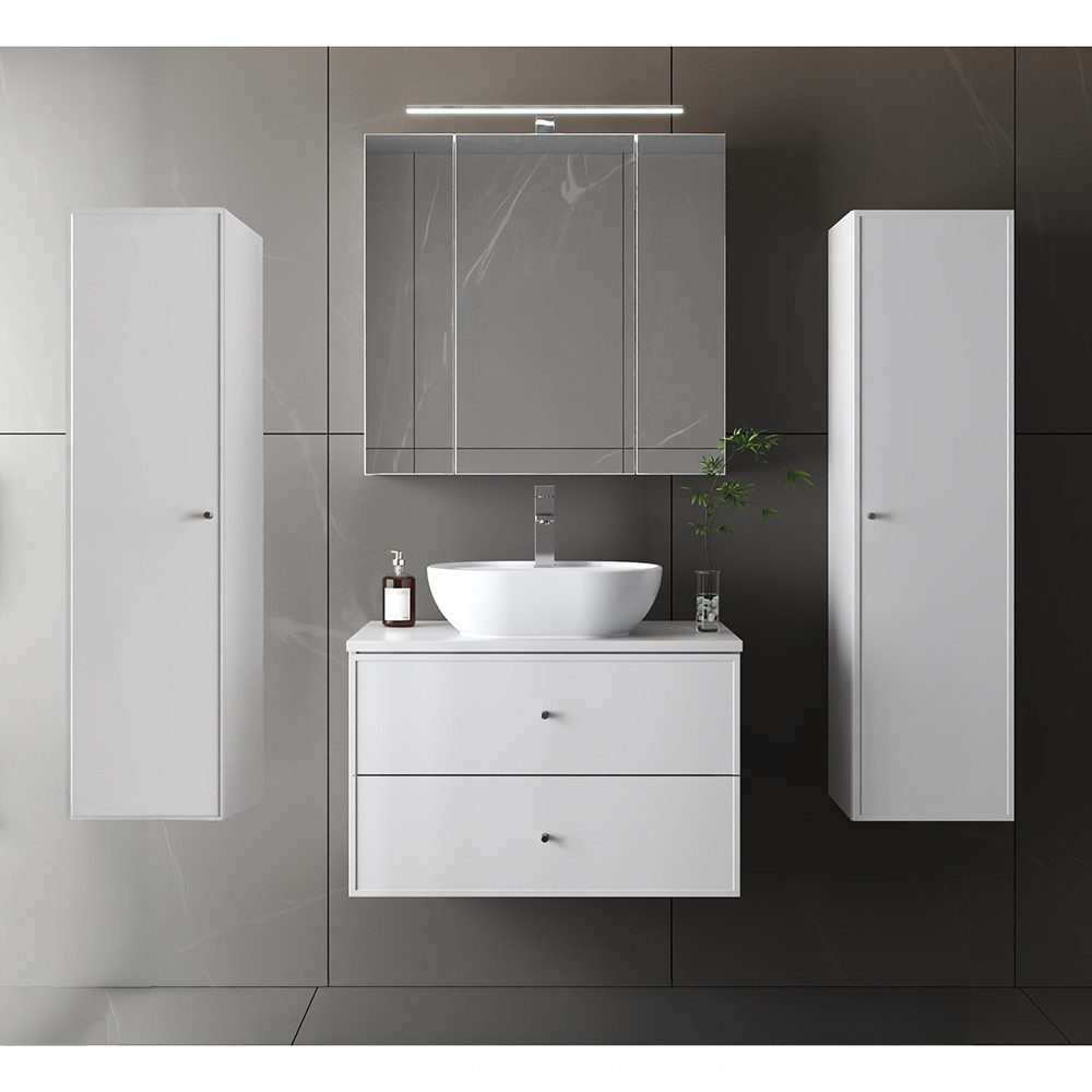 Lomadox Badmöbel-Set MURANO-140, (Spar-Set, 4-St., Waschtisch Hochschränke Spiegelschrank), Badezimmermöbel in weiß mit Softclose, Wandhängend