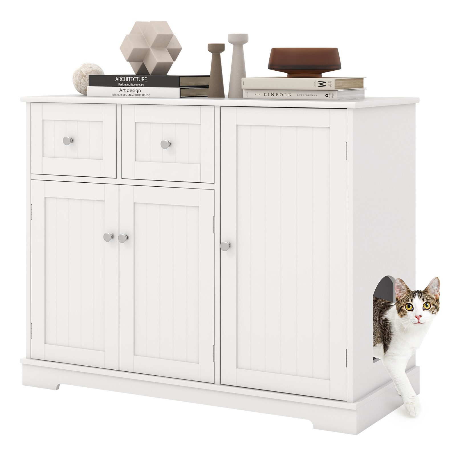 COSTWAY Tierhaus, Katzenschrank, mit 2 Schubladen, 3 Türen & Eingang