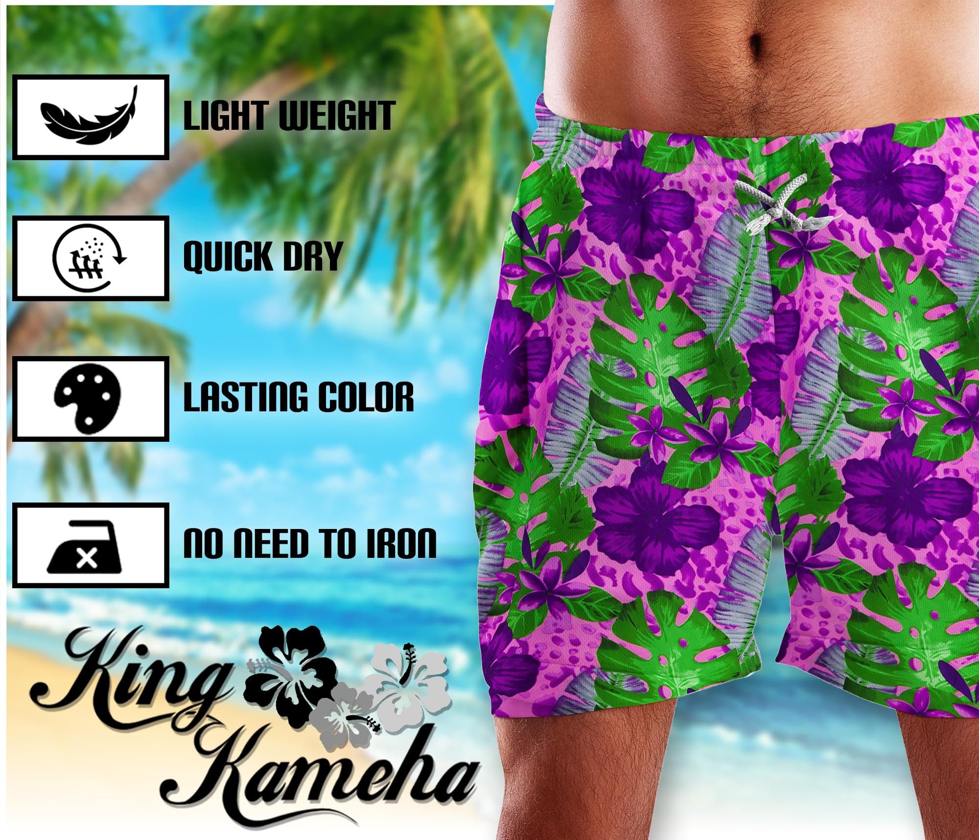 King Kameha Badeshorts Green Purple Flower Hawaii Bade-Shorts Mesh-Einsatz Kordelzug Mit integriertem Mesh-Innenslip für extra Komfort