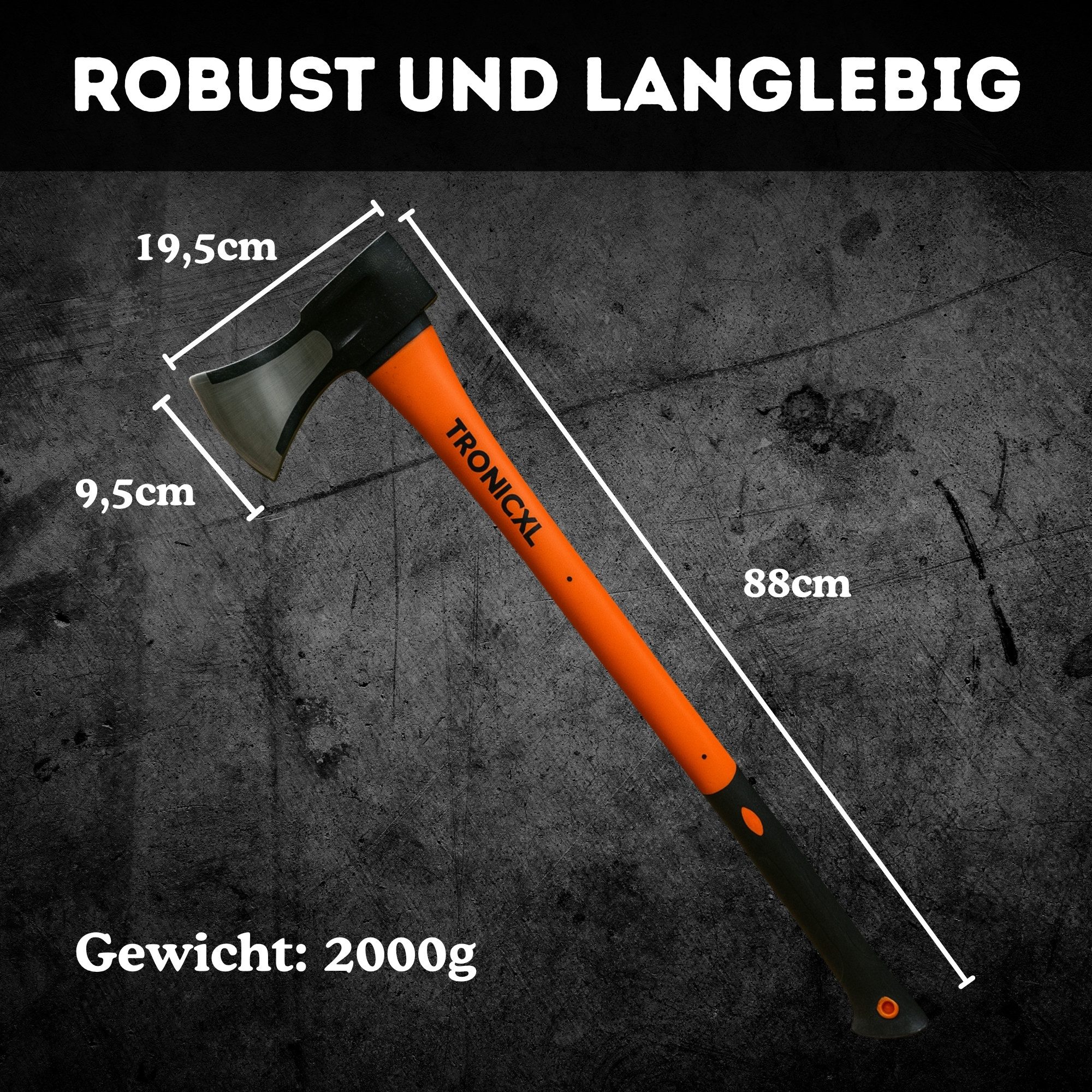 TronicXL Axt Große Axt Spaltaxt groß Beil Karbon Stahl 2000g Fiberglas Stiel Holz, 88 cm Länge, (Forst Profi, 1-St., lang Carbon Steel), Brennholz zum spalten Baum fällen